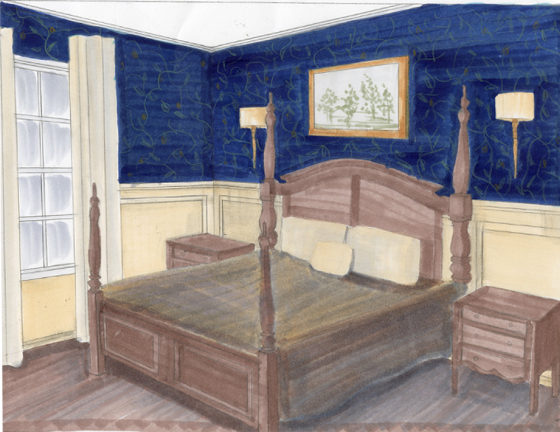 Hand-Rendered perspective of master bedroom
