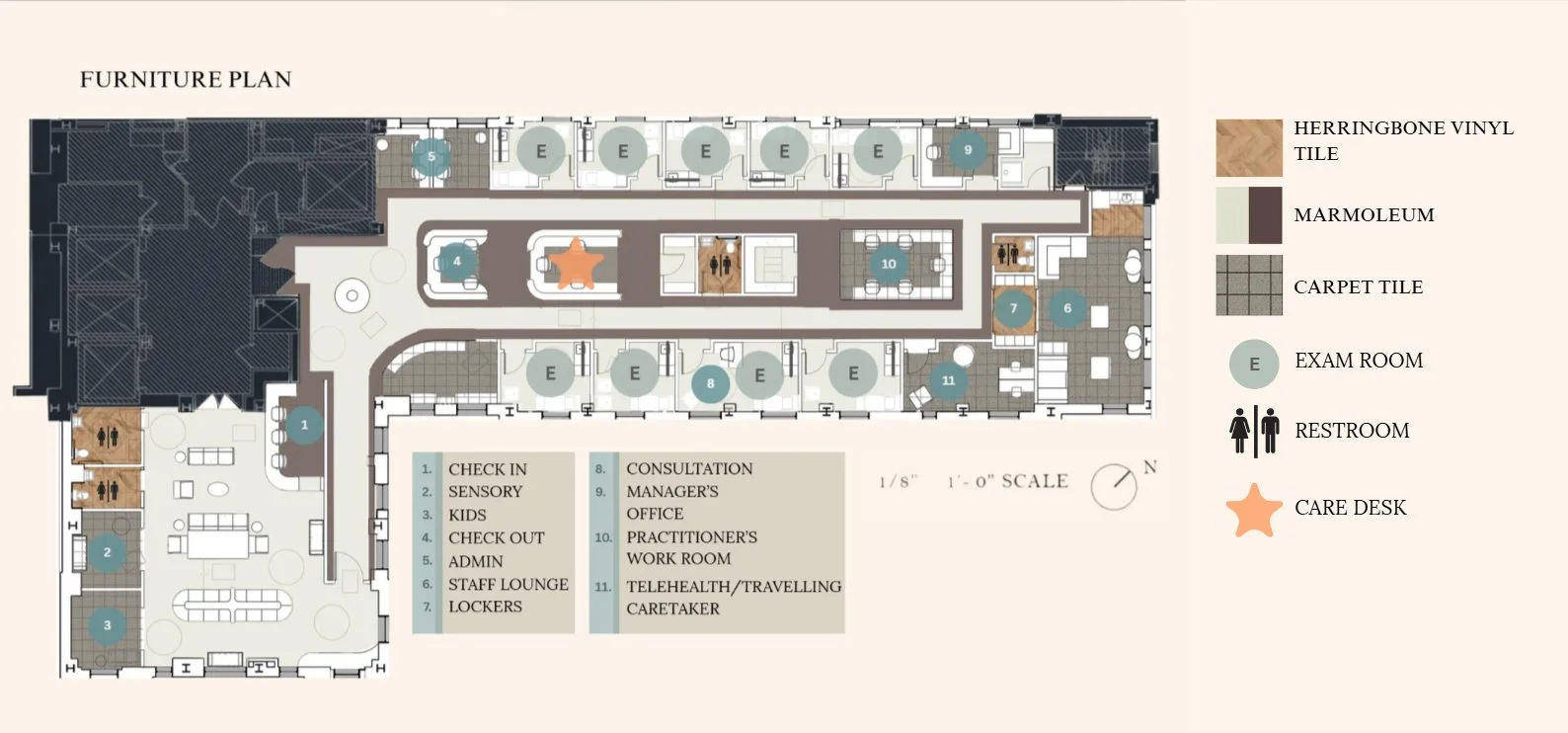 Furniture Floor Plan with material and space legend