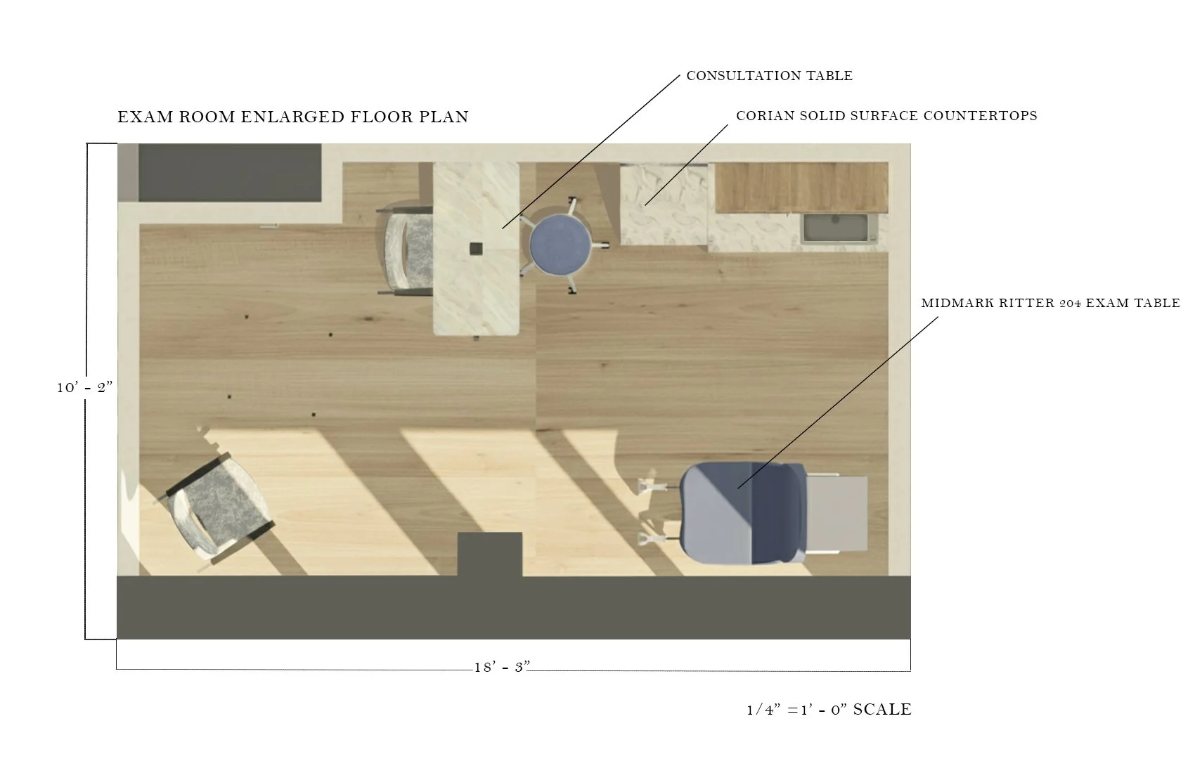 Enlarged Floor Plan of the exam room with dimensions and annotations 