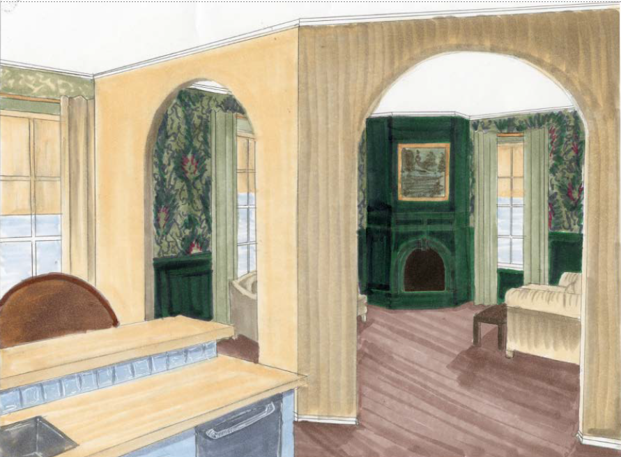 Hand-Rendered perspective of the living room