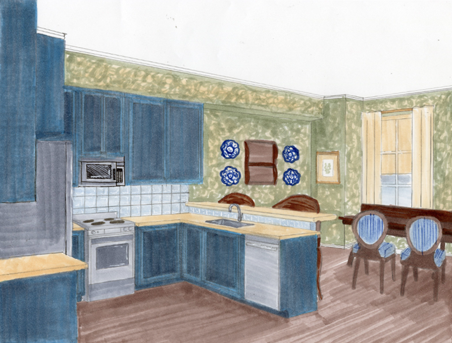 Hand-Rendered perspective of the kitchen 