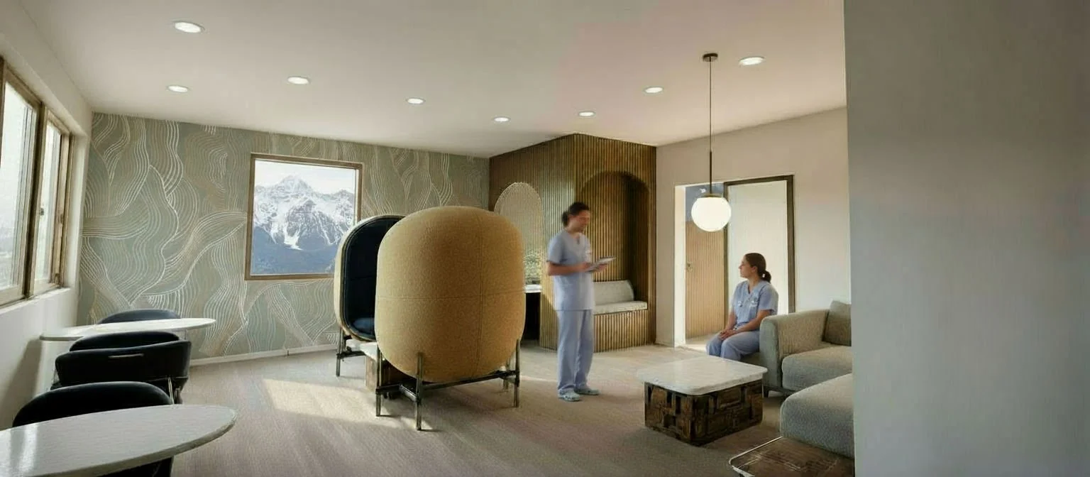 Staff Room with various seating options, lockers, and a small kitchen