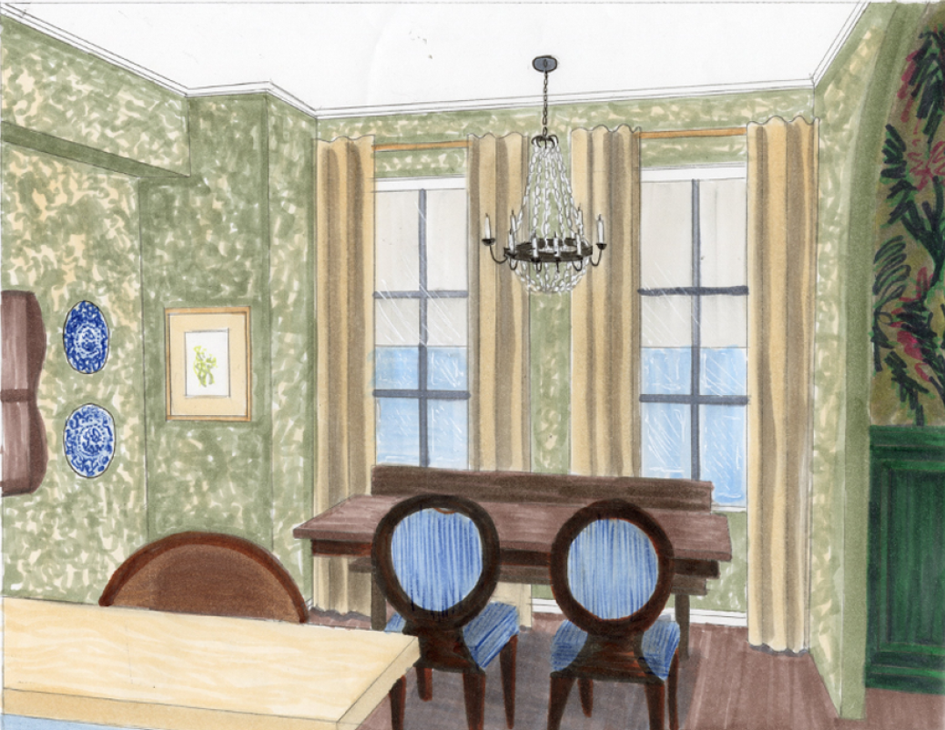 Hand-Rendered perspective of dining room