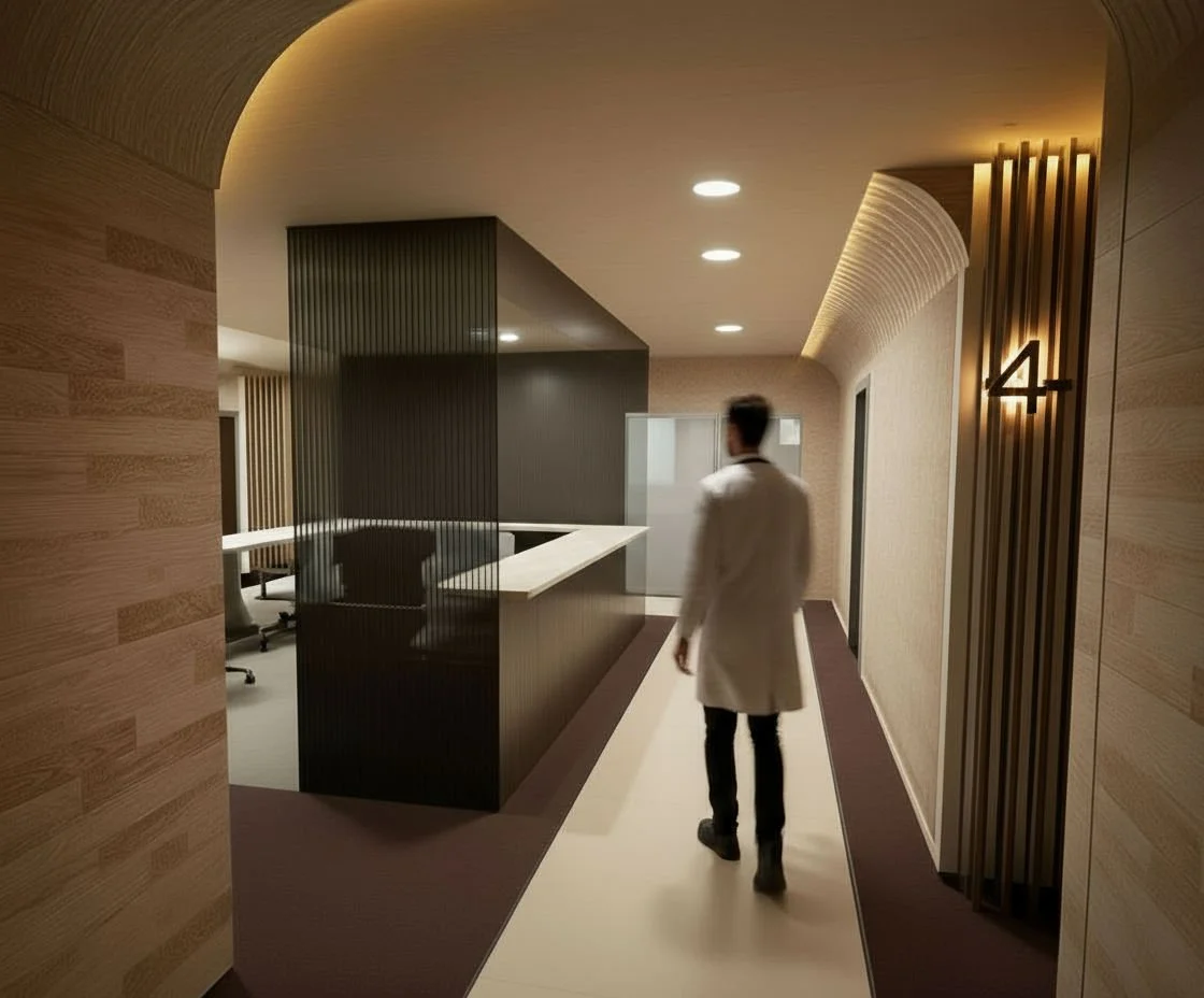 Wayfinding- featuring the practitioner's workroom and arched hallways