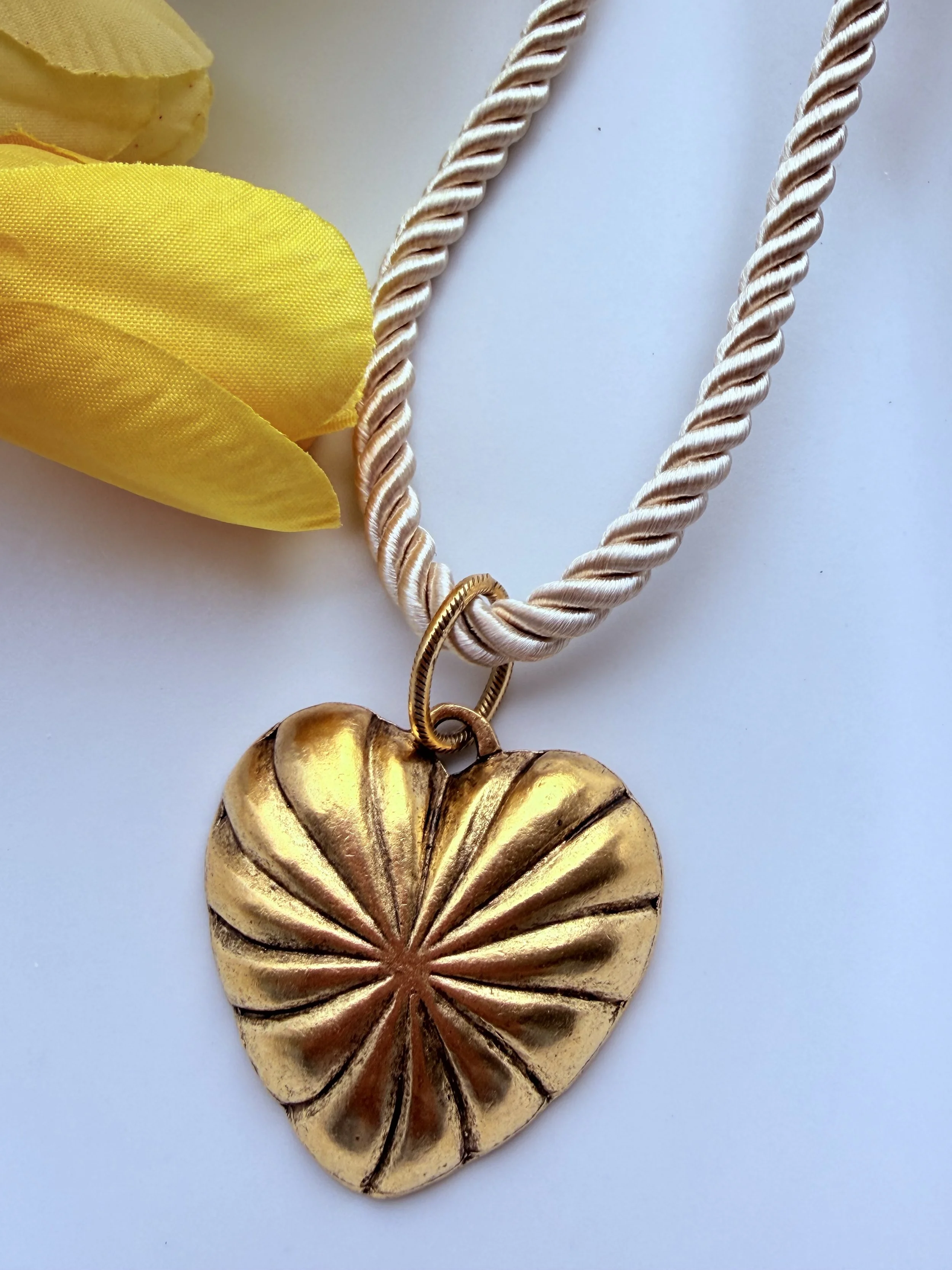 Ivory Silk Cord Braided Necklace with Large Heart Charm