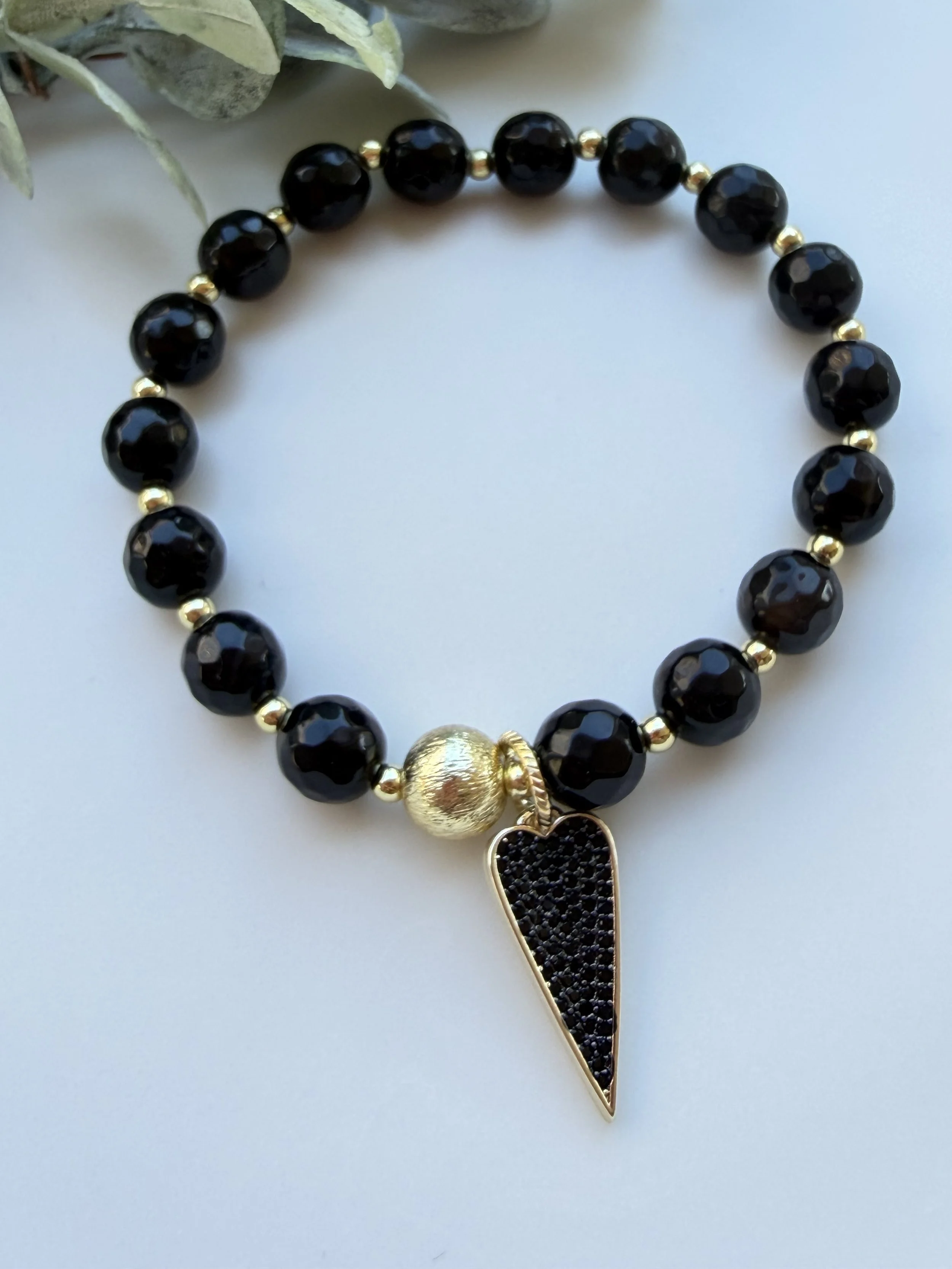 Black Faceted Beaded Bracelet with Black CZ Heart Charm