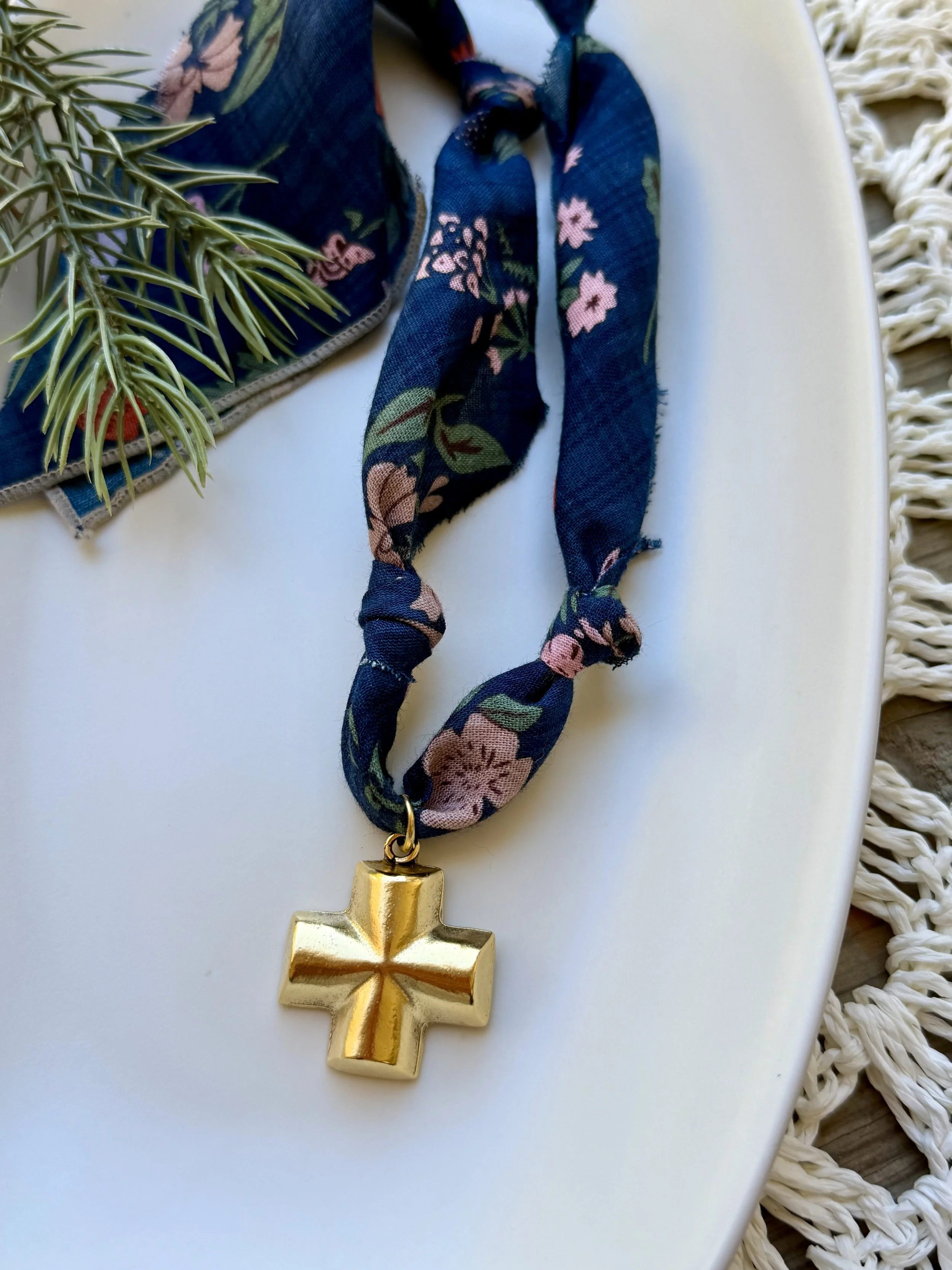 Navy Bandana Necklace with Gold Cross