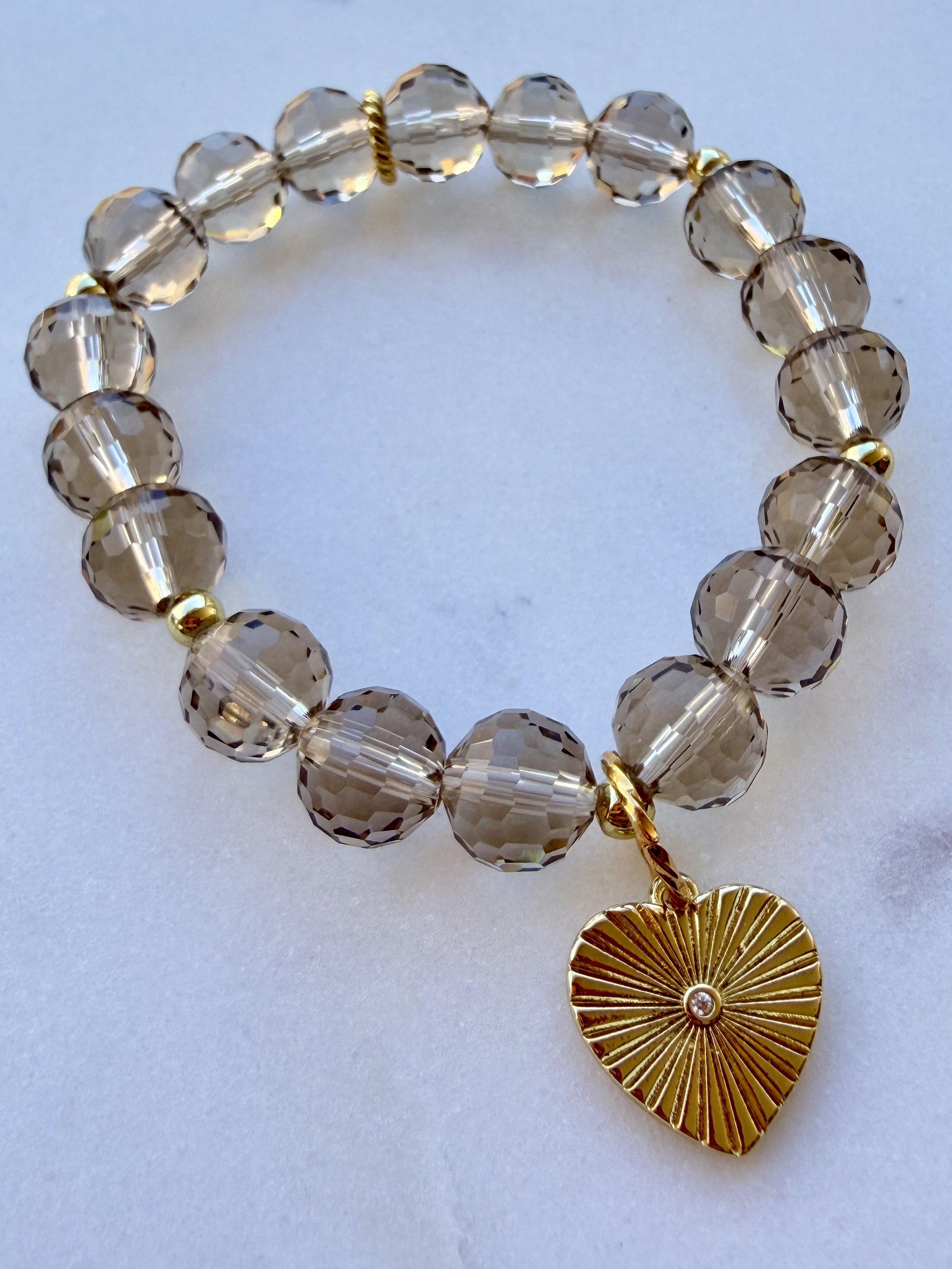 Taupe Faceted Beaded Bracelet with Gold Heart Charm