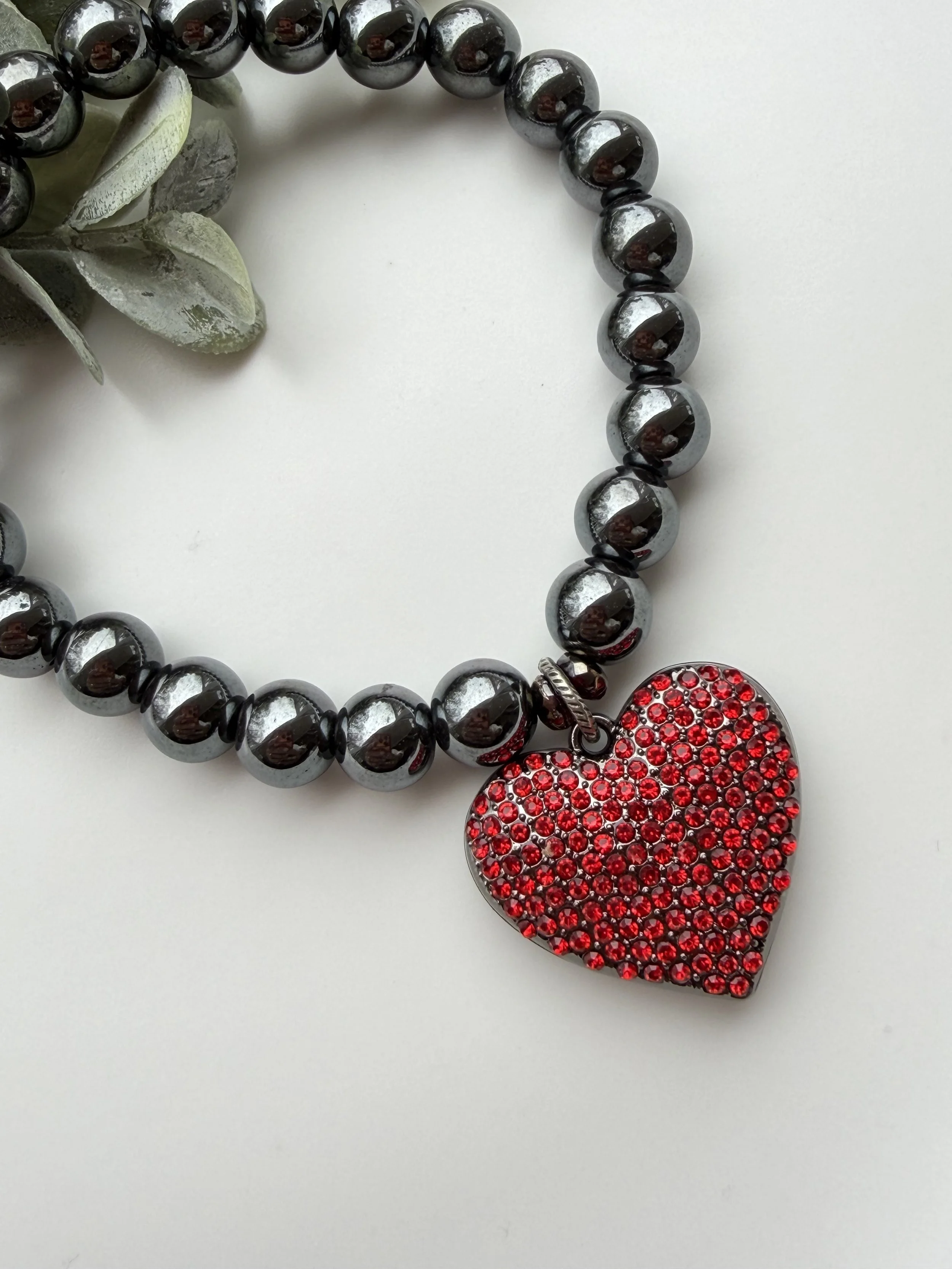 Gunmetal Hematite Beaded Bracelet with Red CZ Heart Charme