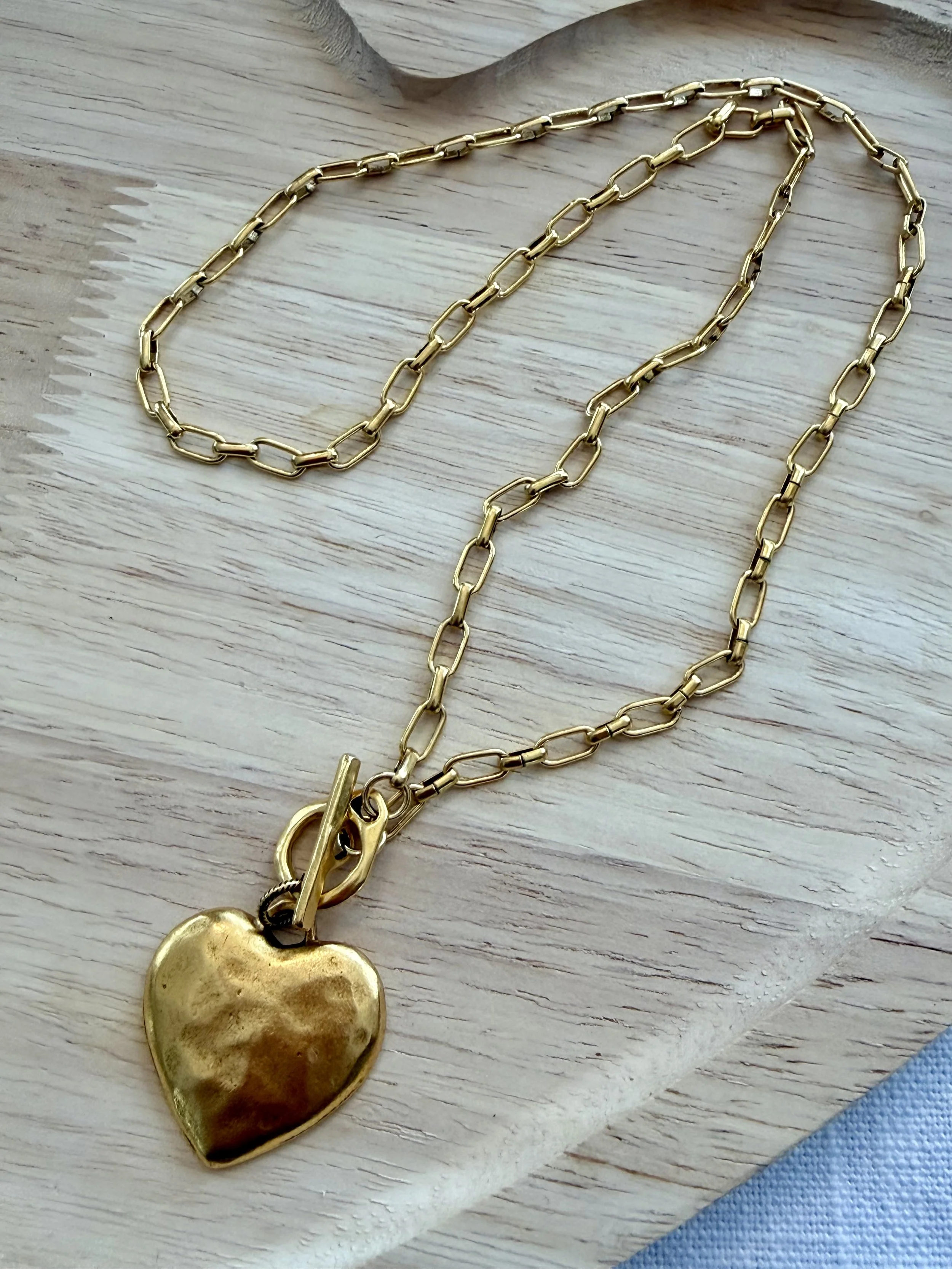 Gold Hammered Heart Charm Necklace w