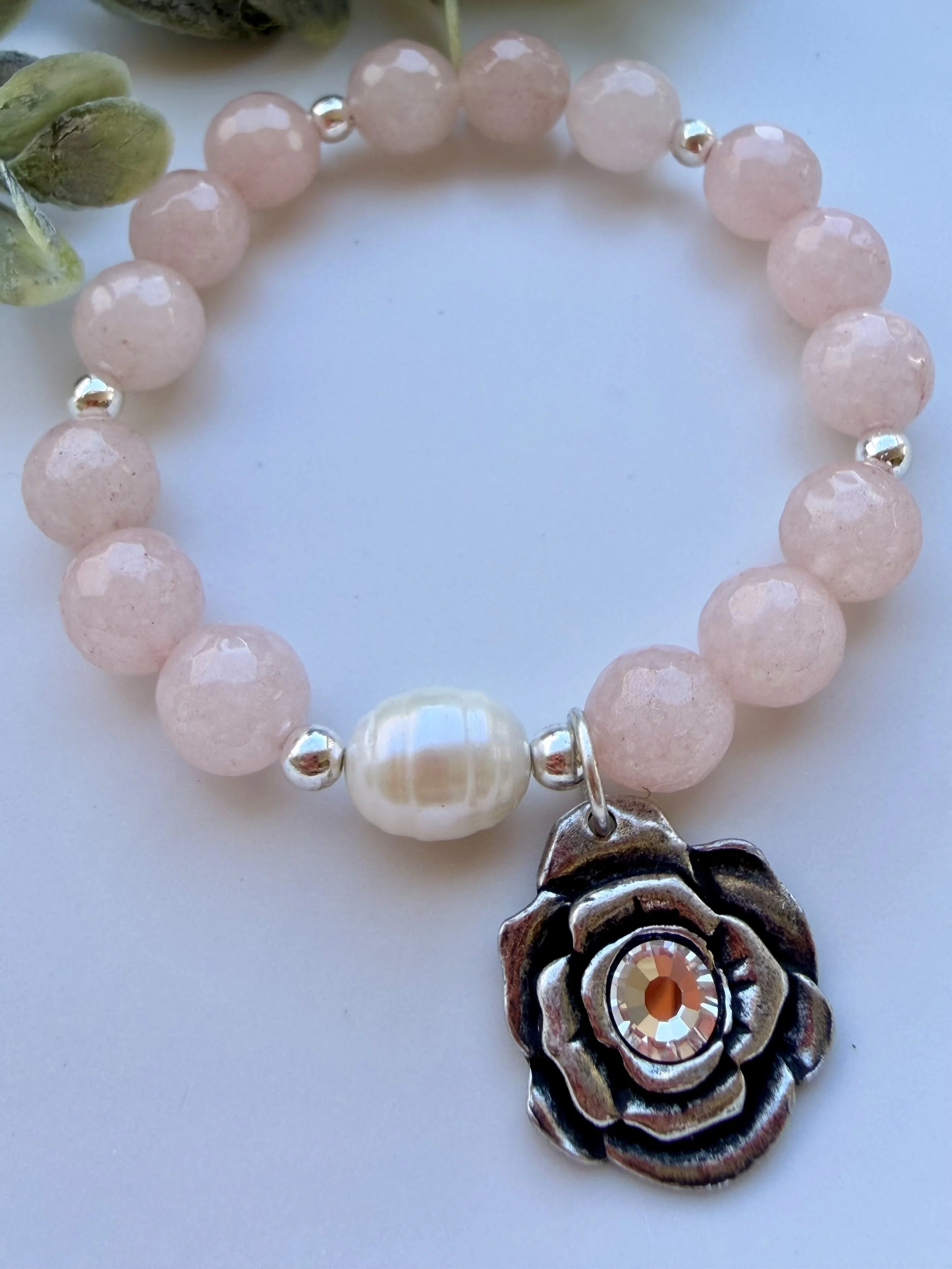 Pink Jade Bracelet with Silver CZ Flower Charm