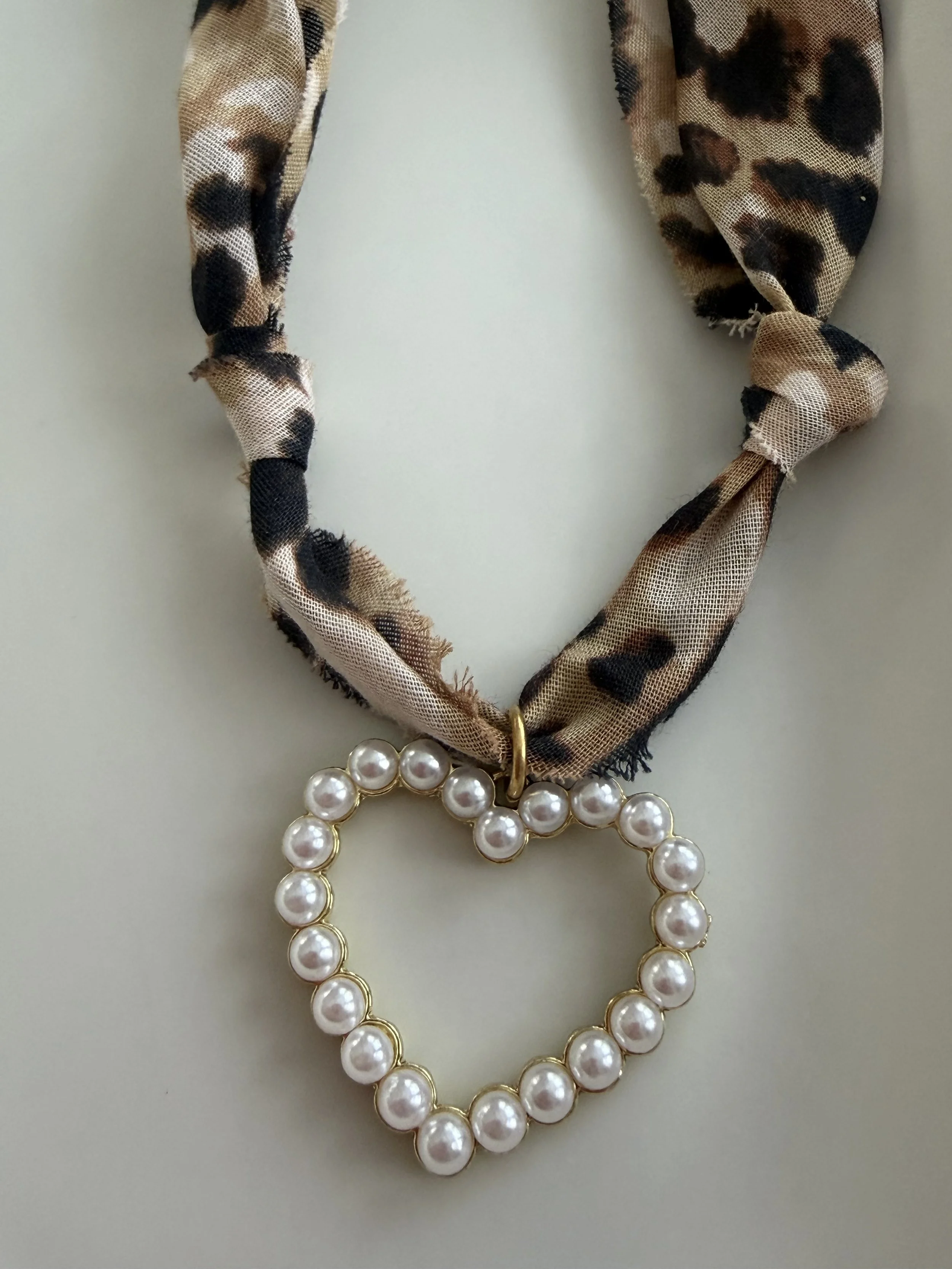 Animal Print Bandana Necklace with Pearl Heart Charm