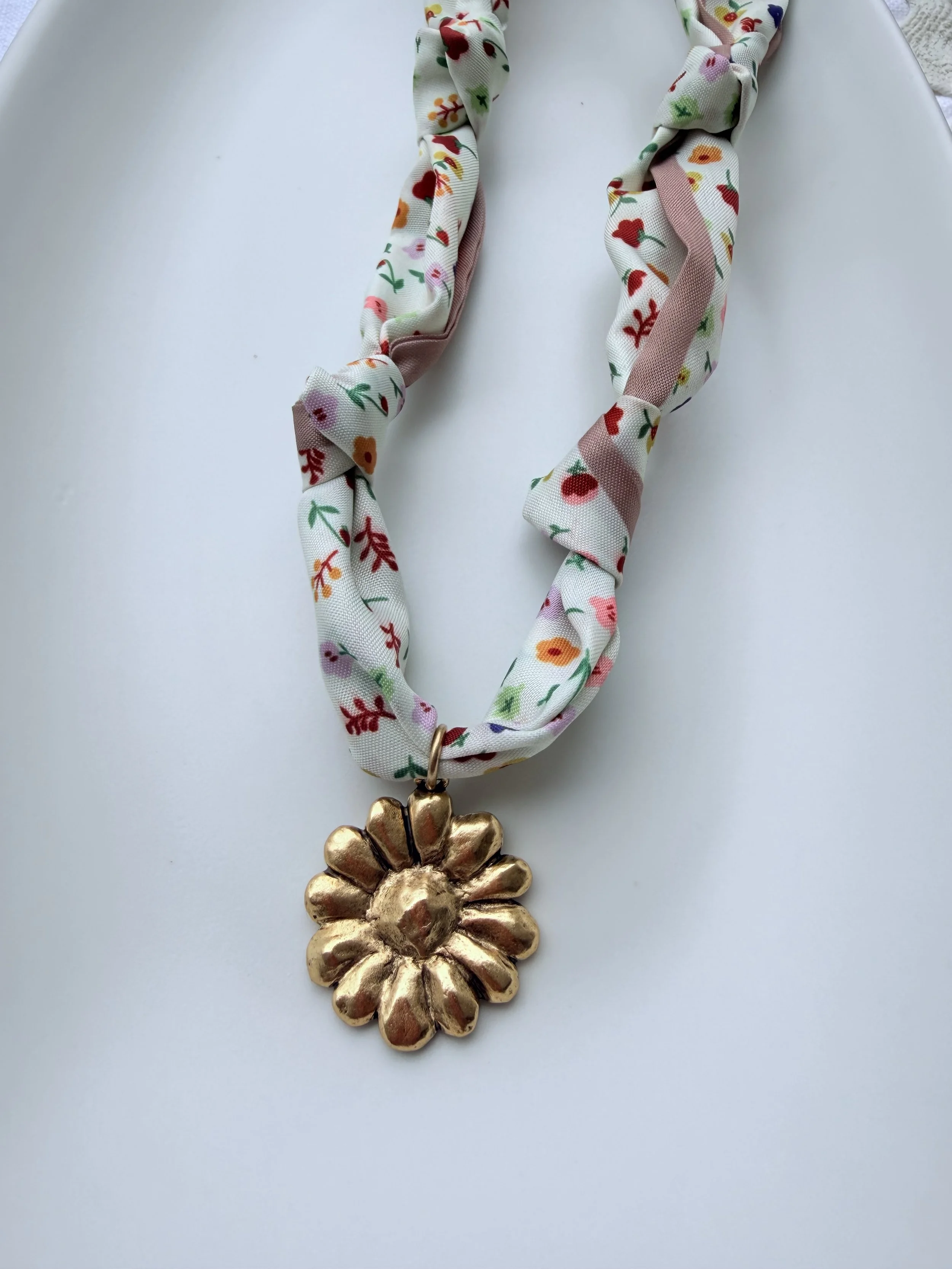 Spring Scarf Necklace with Flower Charm