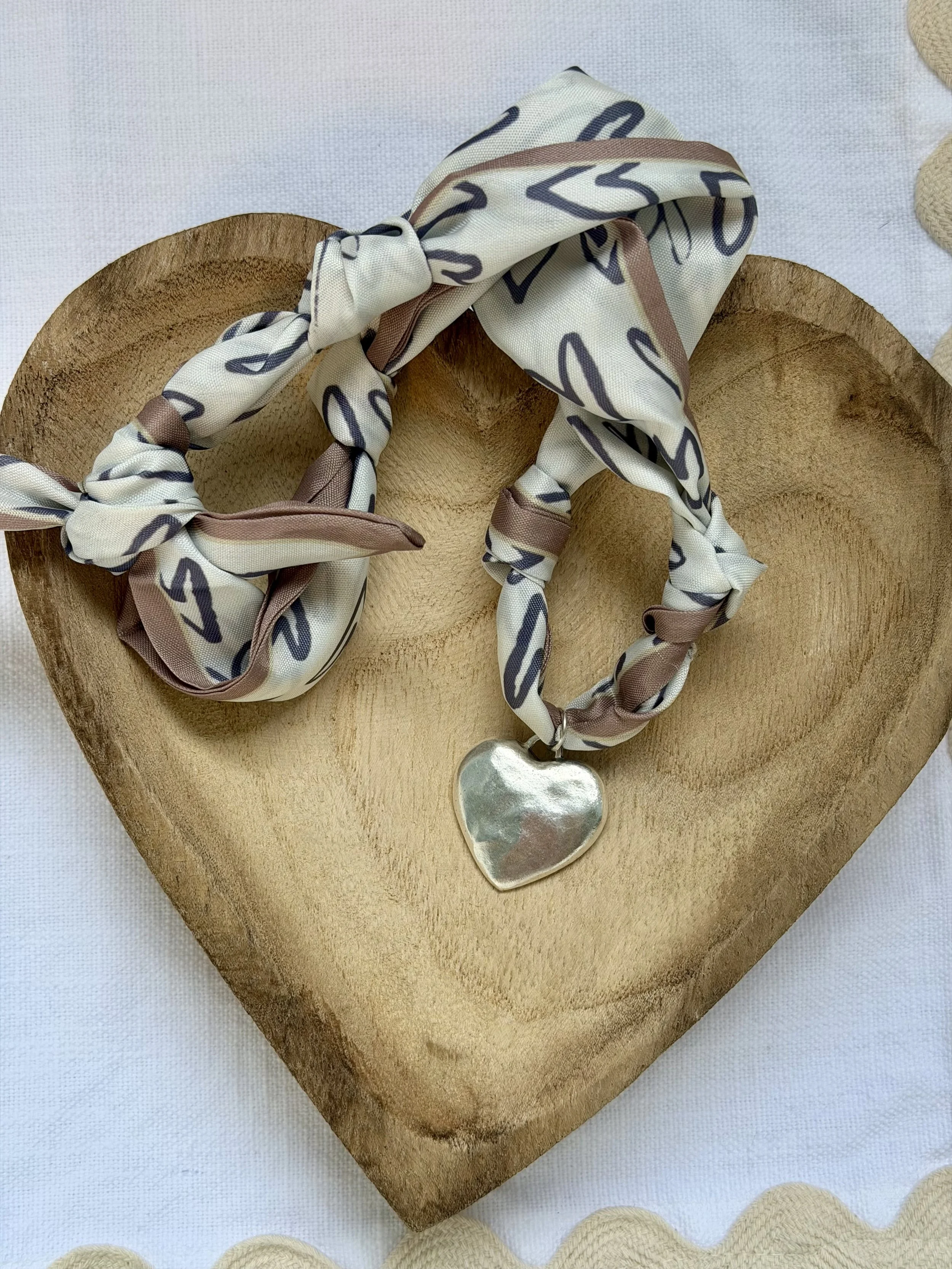 Ivory/Gray Scarf Necklace with Silver Hammered Heart Charm