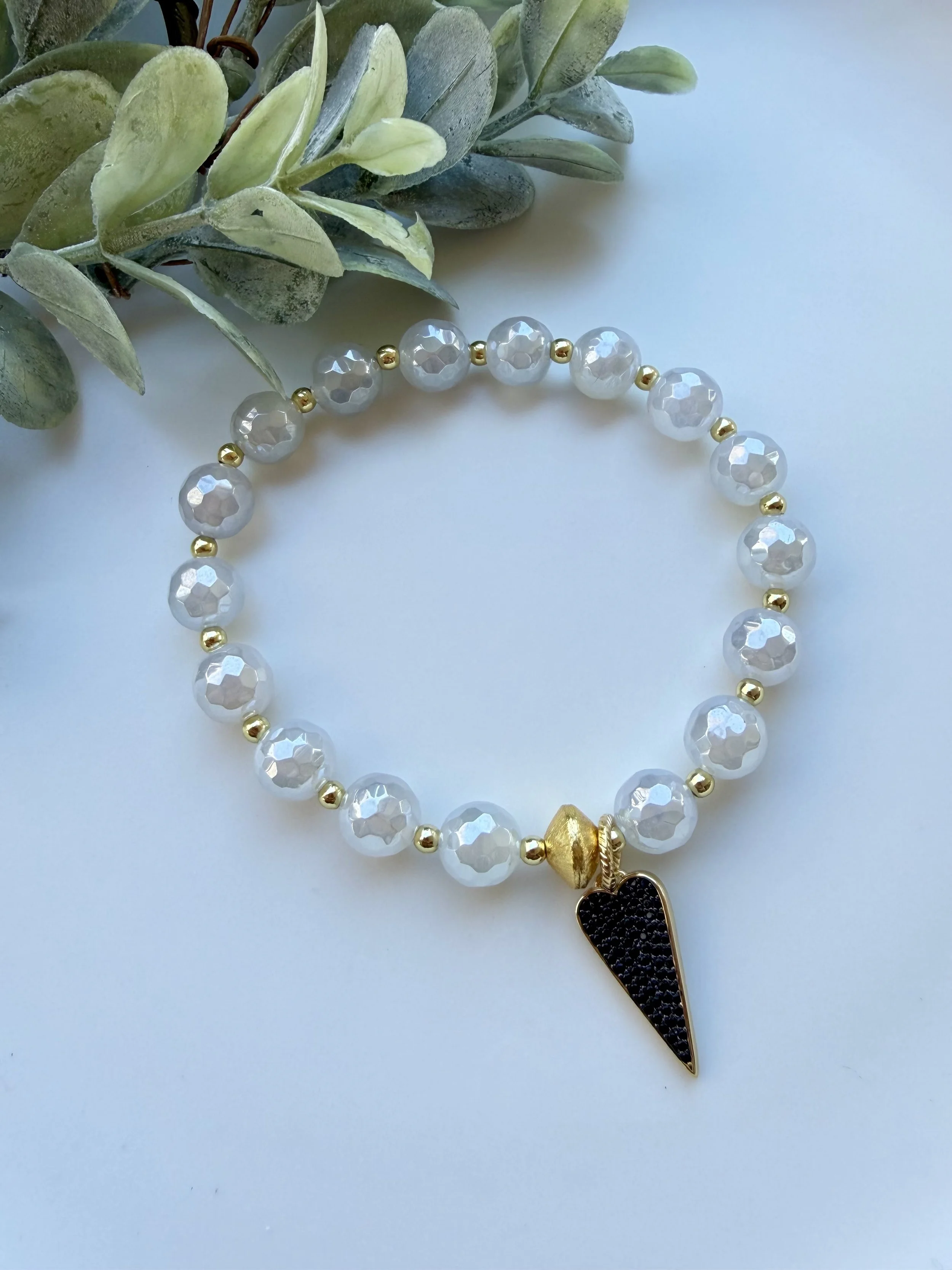 Mystic Agate Beaded Bracelet with Black CZ Heart Charm