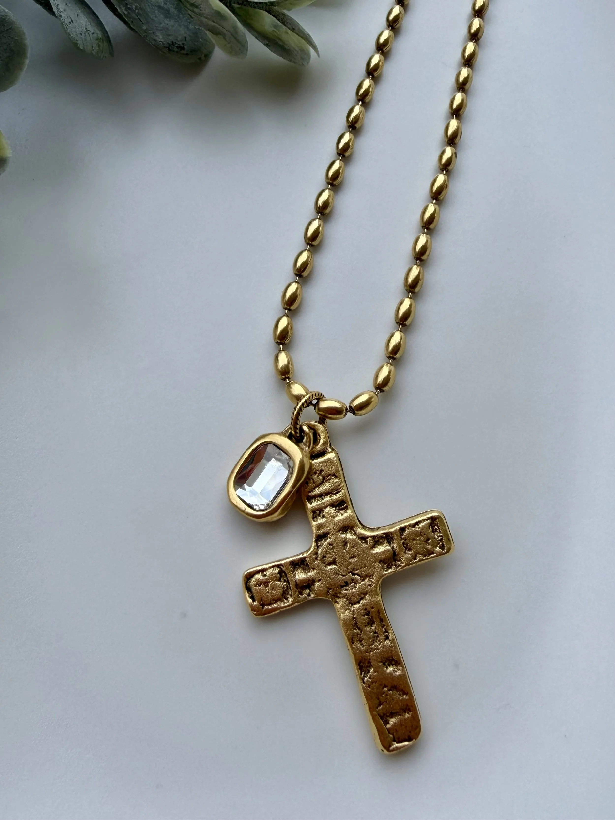 Gold Ball Chain with Hammered Cross/CZ Charms
