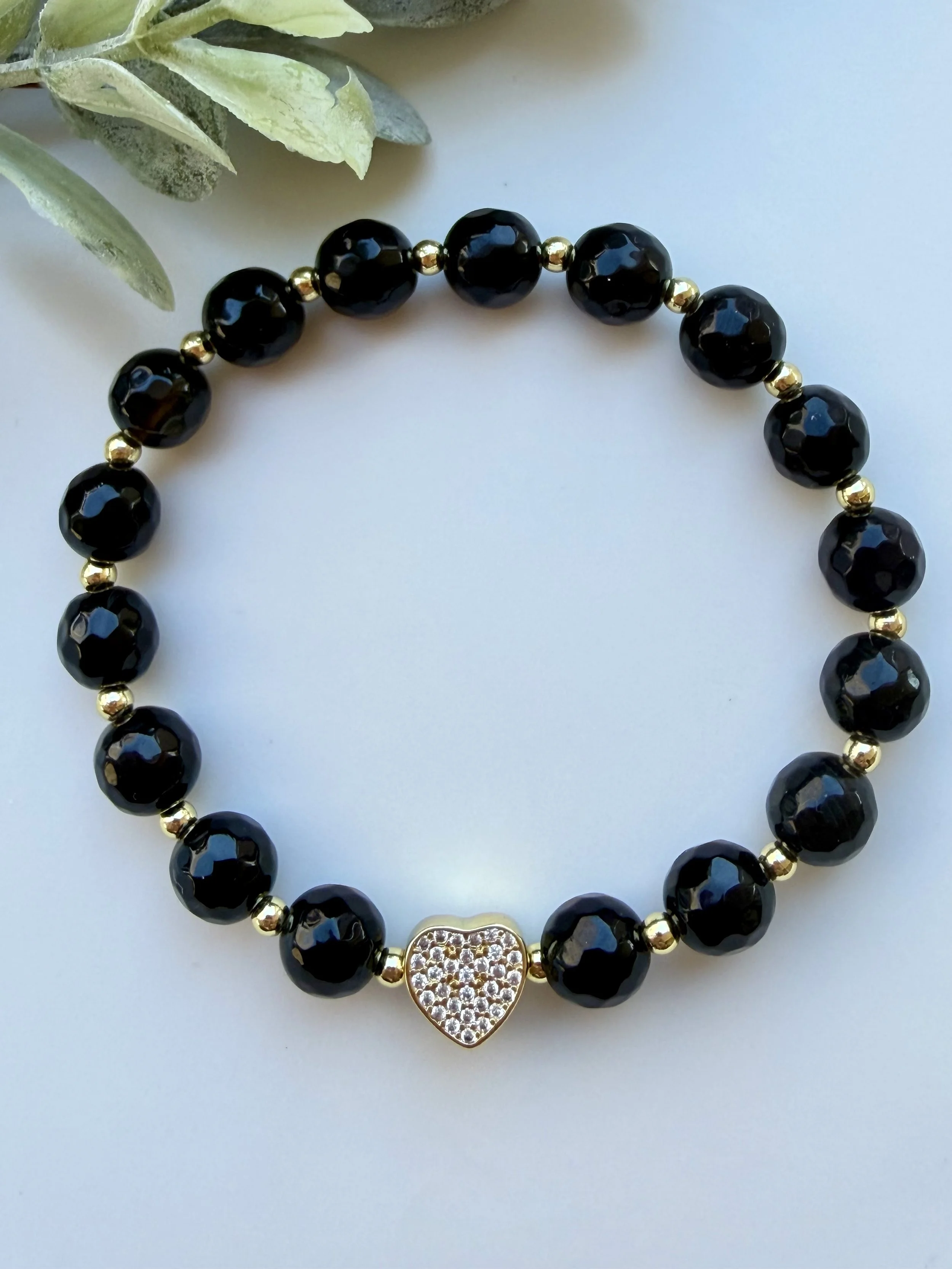 Black Faceted Beaded Bracelet with CZ Heart Spacer
