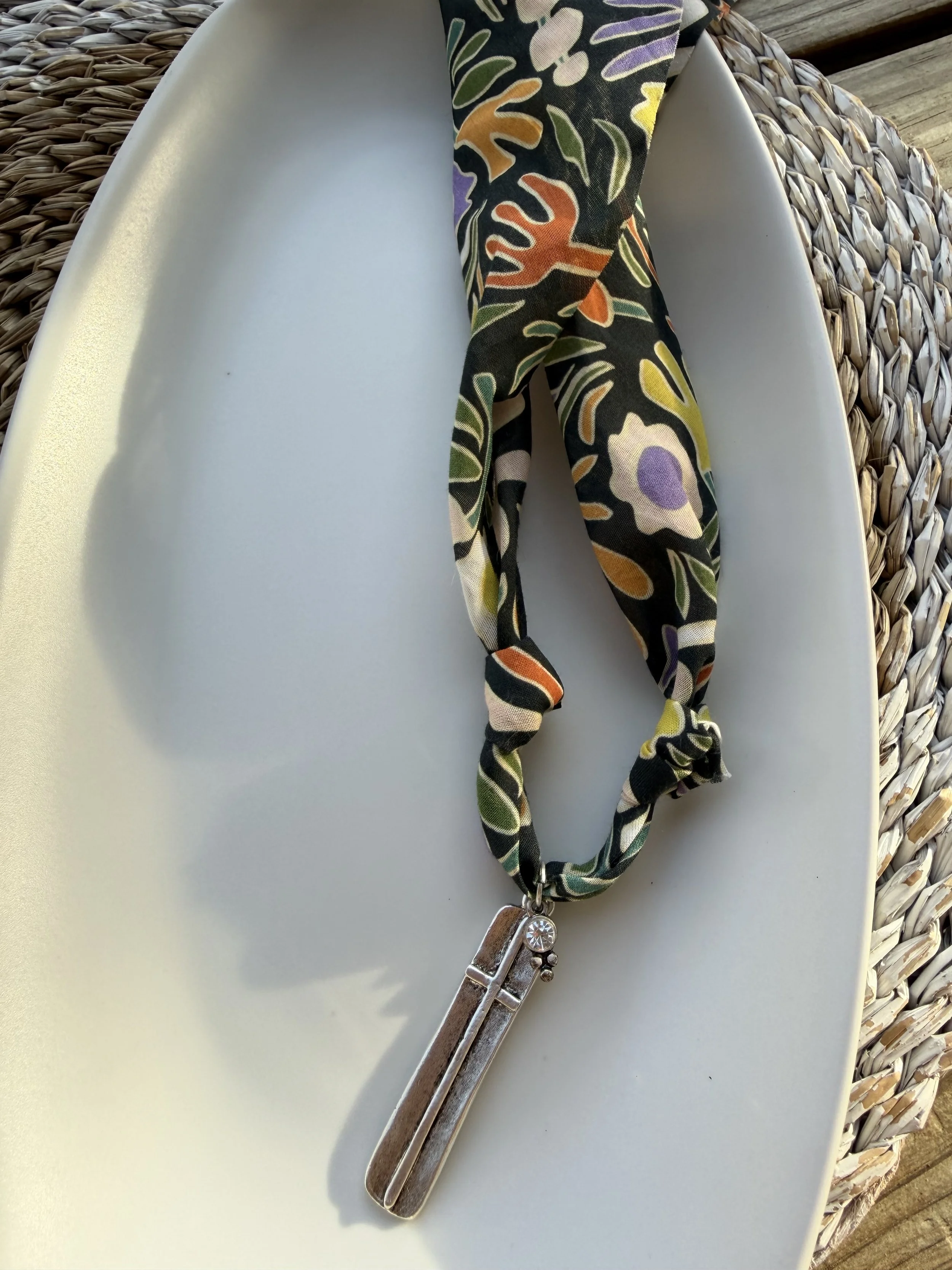 Skinny Silver Cross Bandana Necklace with CZ Charm