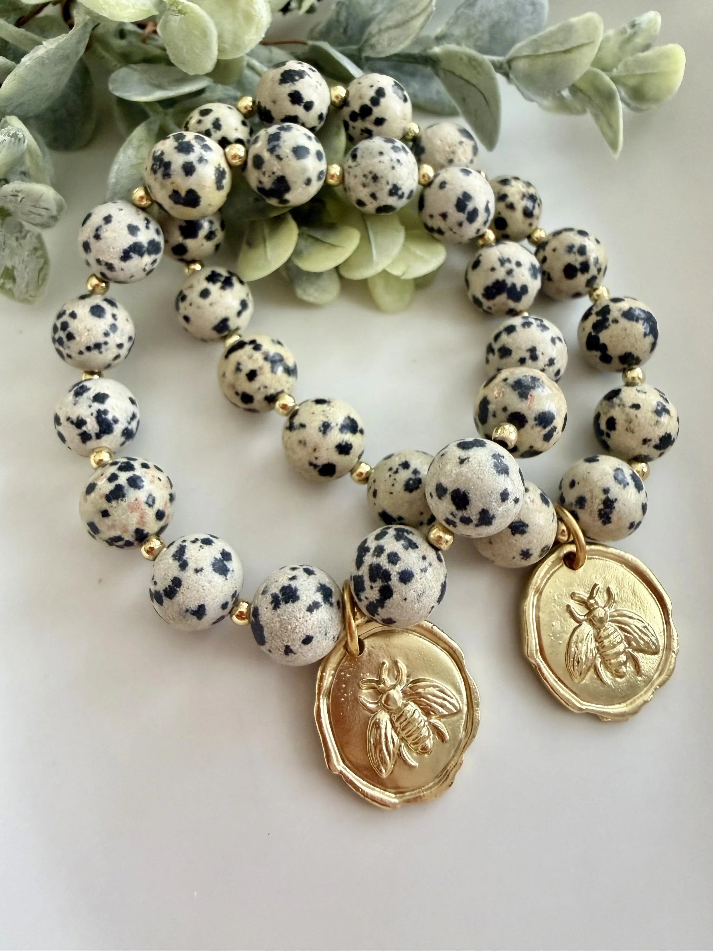 Dalamation Beaded Bracelet with Gold Bee Charm