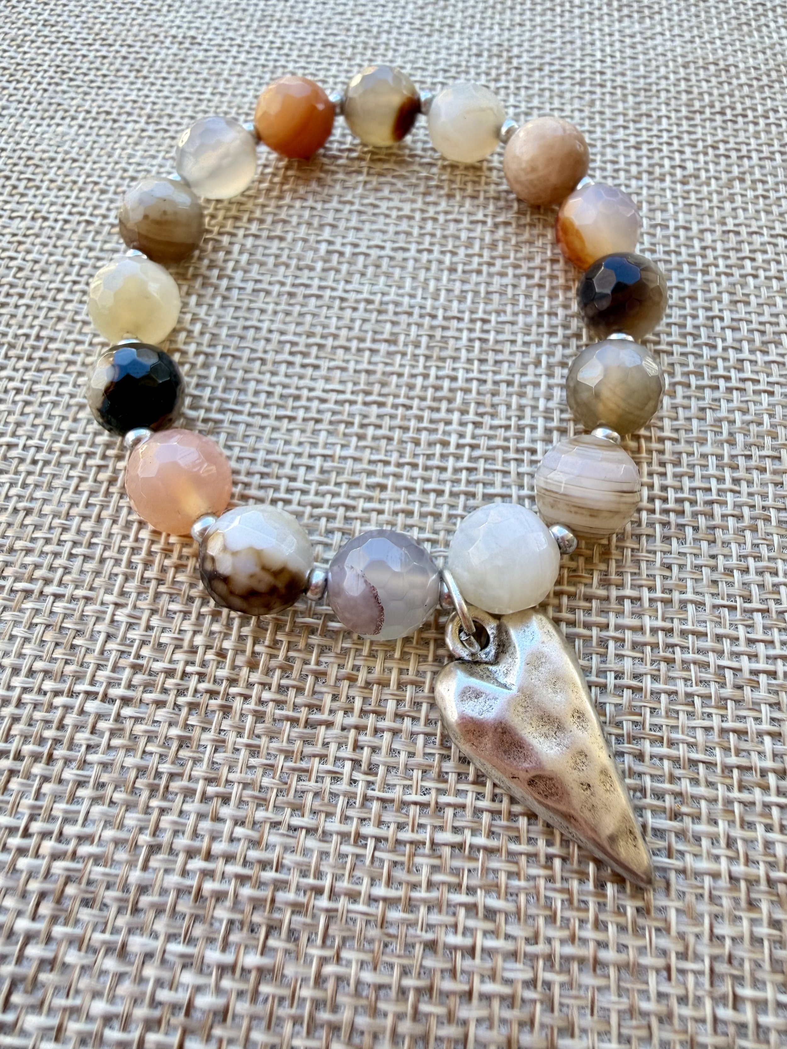 Neutral Agate Beaded Bracelet with Silver Heart