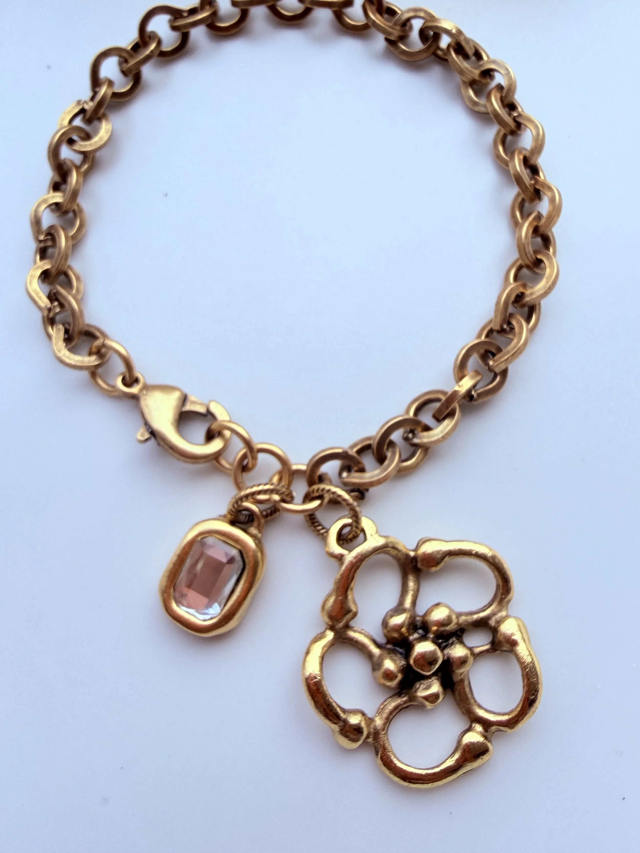 Antique Gold Chain Bracelet with Open Flower/CZ Charm
