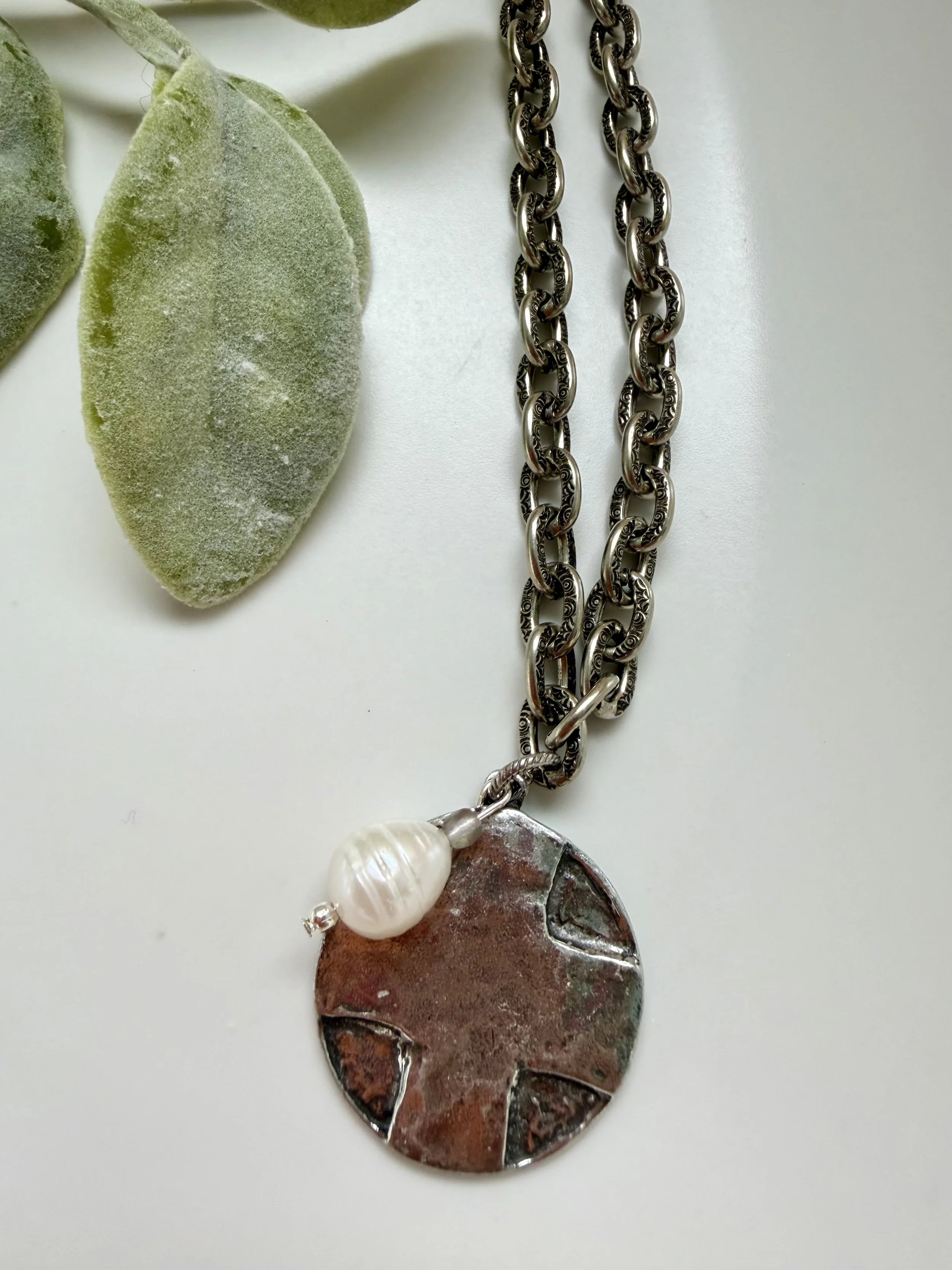 Silver Etched Chain with Cross/Lord's Prayer Pendant