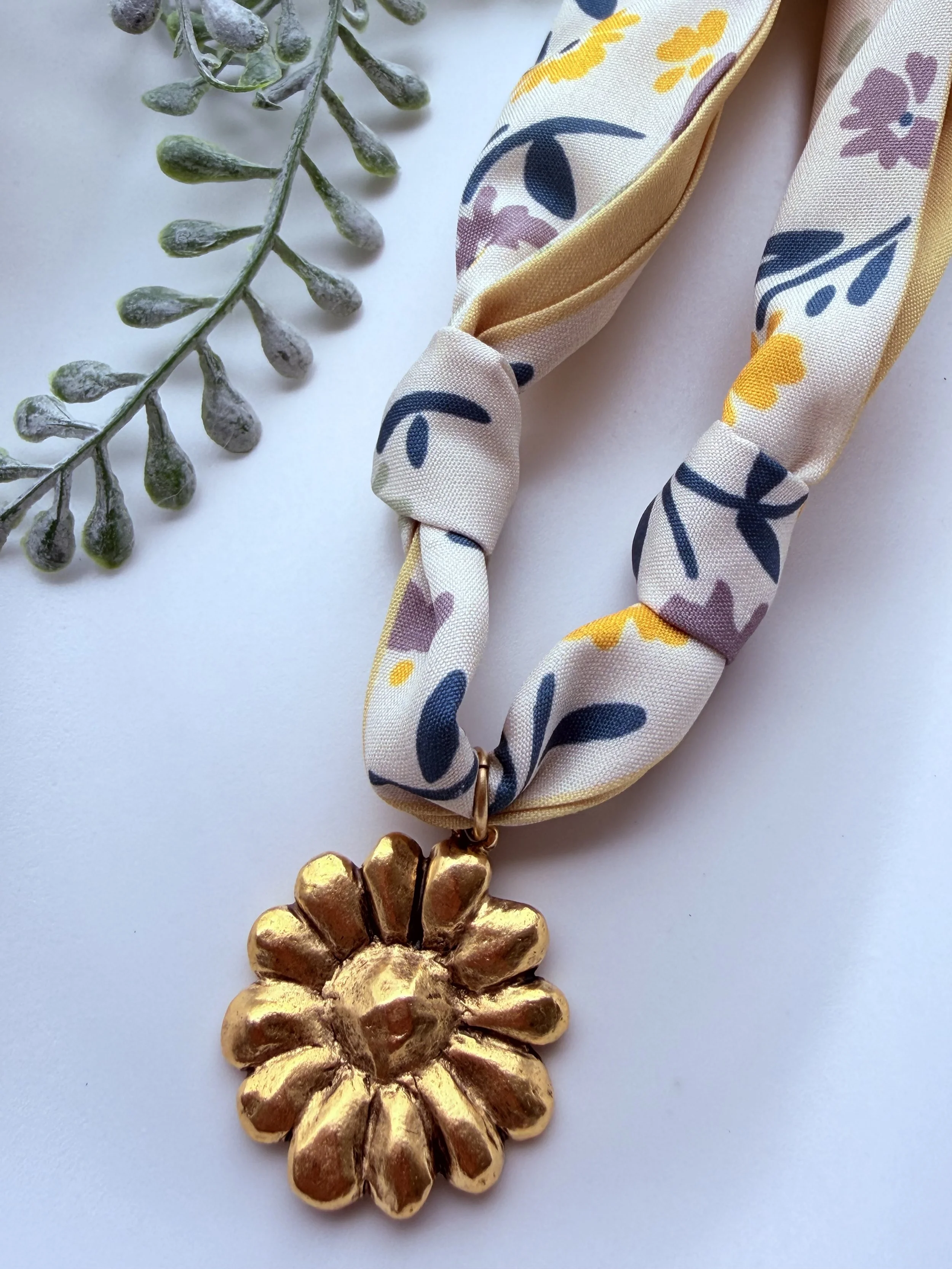 Spring Yellow/Multi Scarf Necklace with Gold Flower Charm