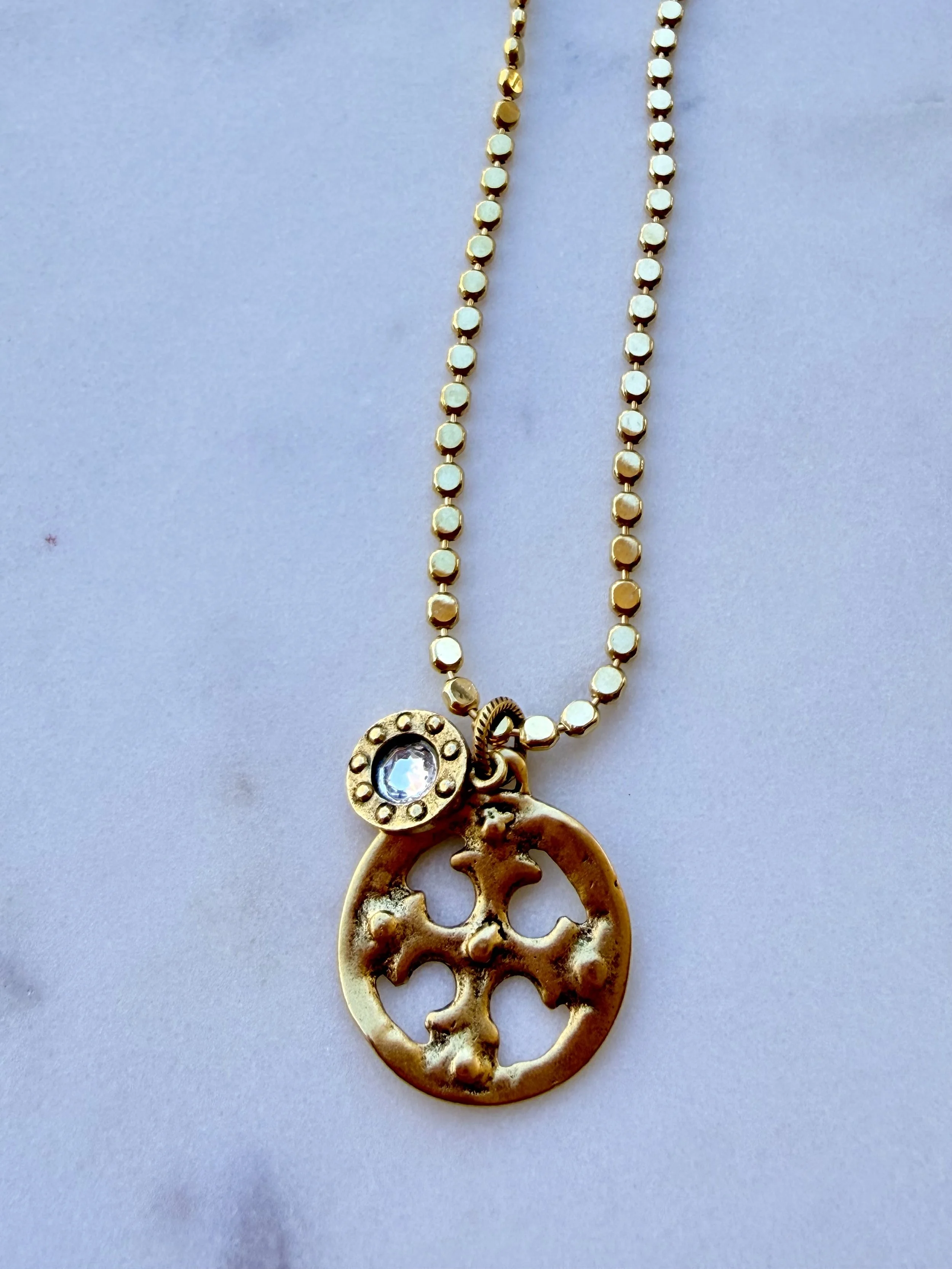 18in.  Gold Necklace with Round Cross/CZ Charm