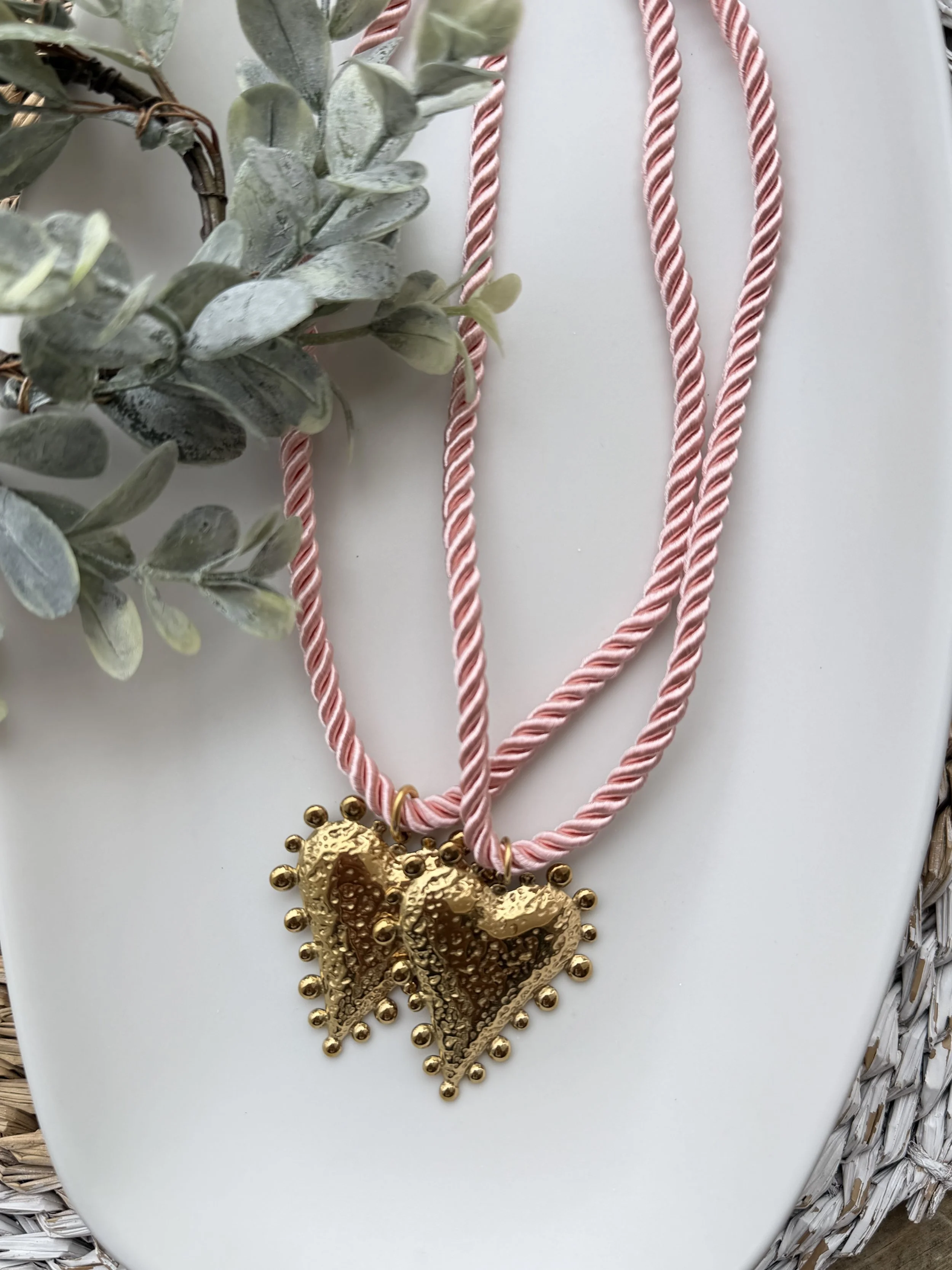 Pink Silk Braided Cord Necklace with Antique Gold Heart Charm
