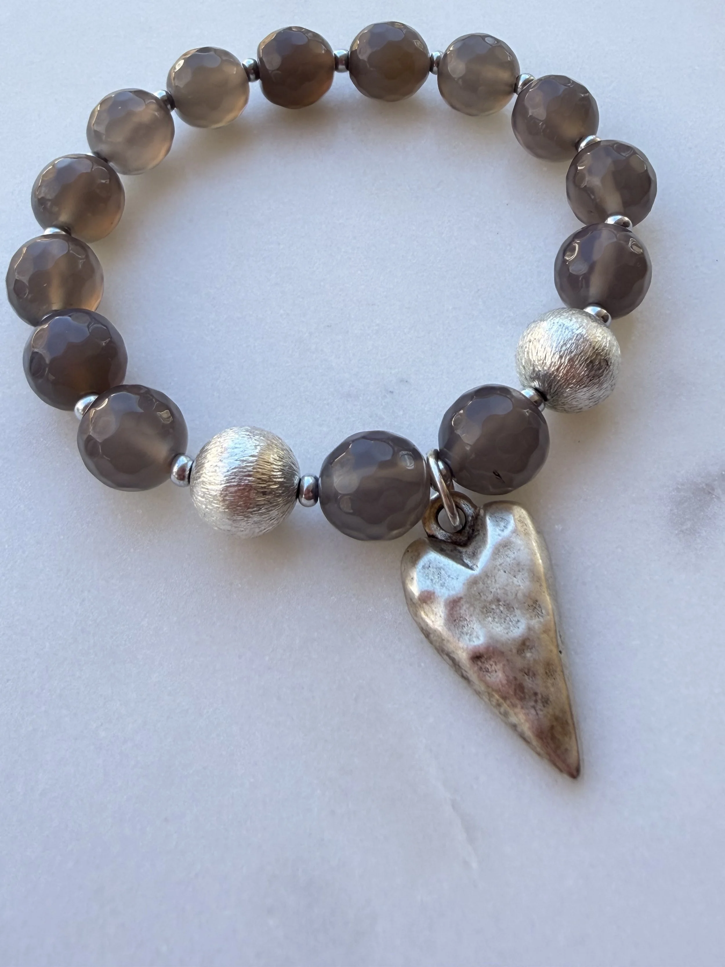 Gray Agate Beaded Bracelet with Silver Heart