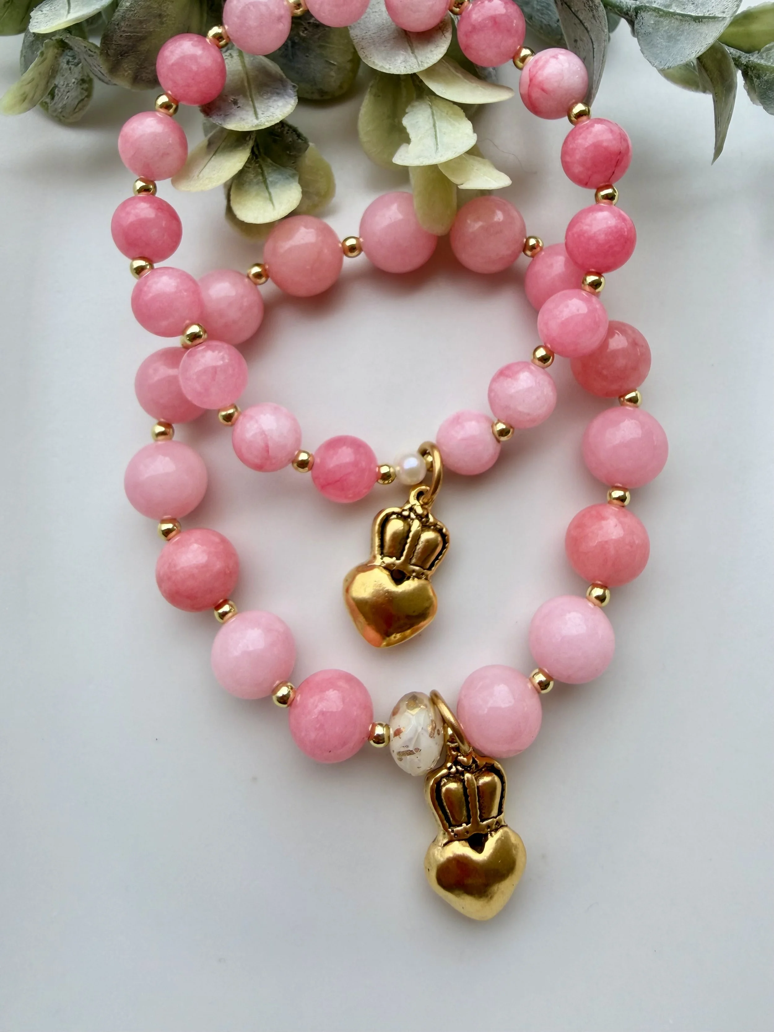 Pink Beaded Bracelet with Crown/Heart Charm