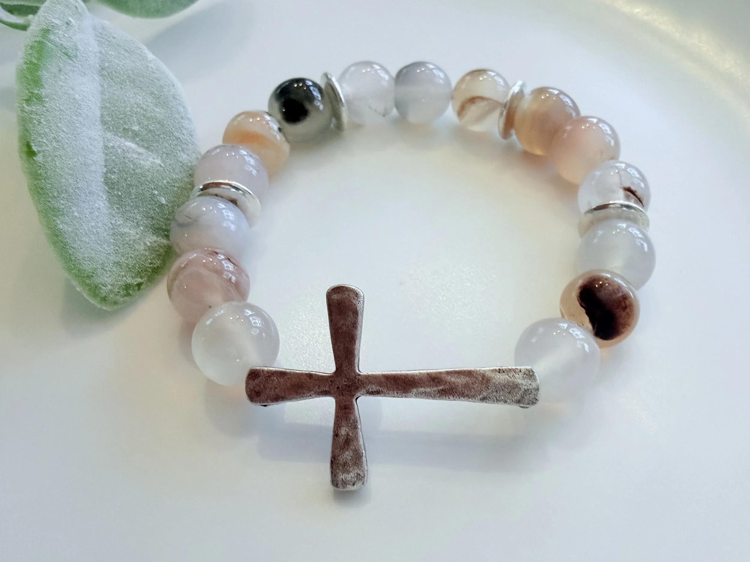Silver Cross Bracelet with Neutral Beads