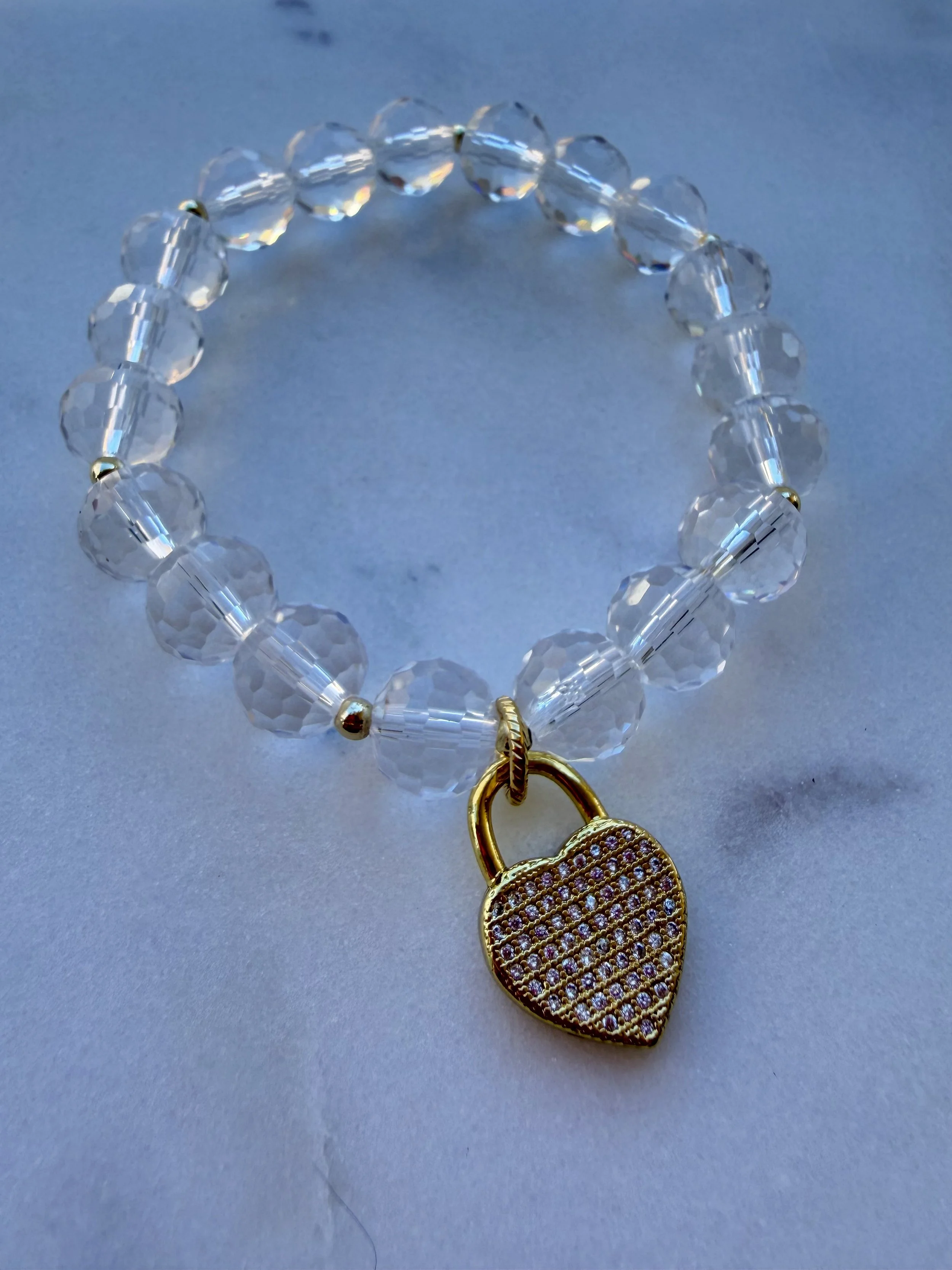 Clear Faceted Beaded Bracelet with Gold CZ Heart Charm