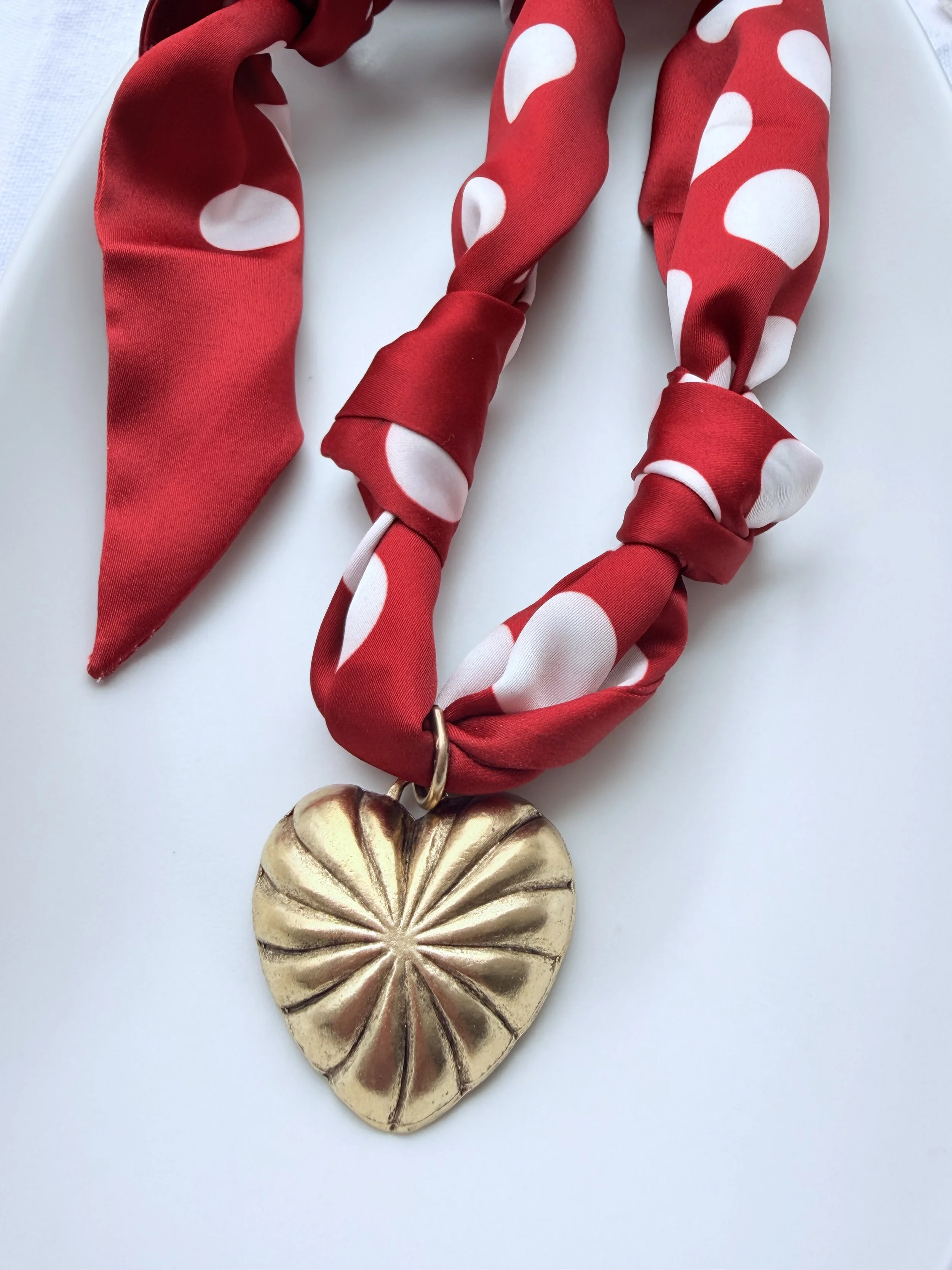 Red Polka Dotted Silk Scarf Necklace with Gold Heart Charm