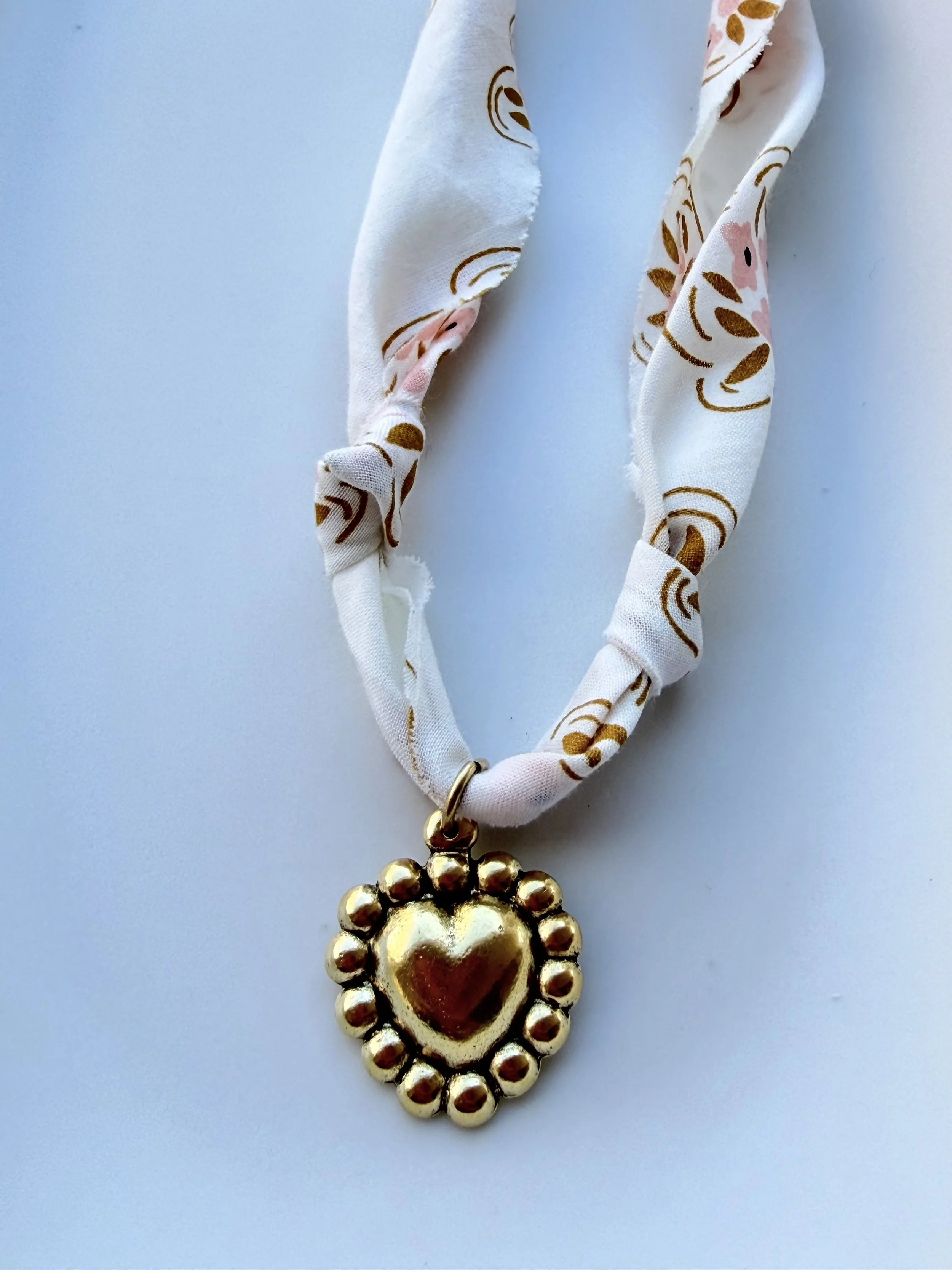 White/blush Bandana Necklace with Gold Heart