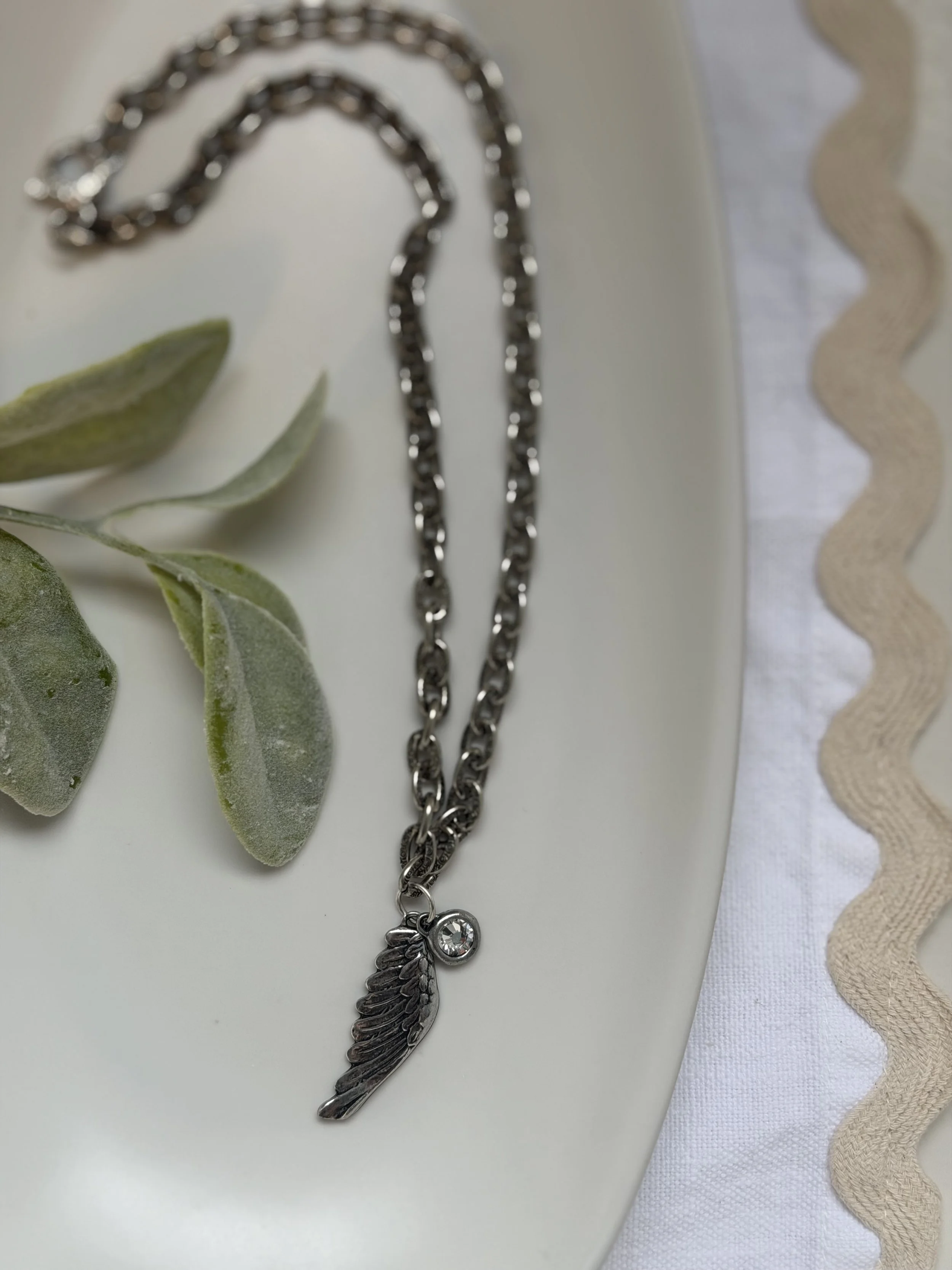 Silver Etched Chain with Angel wing/CZ charms