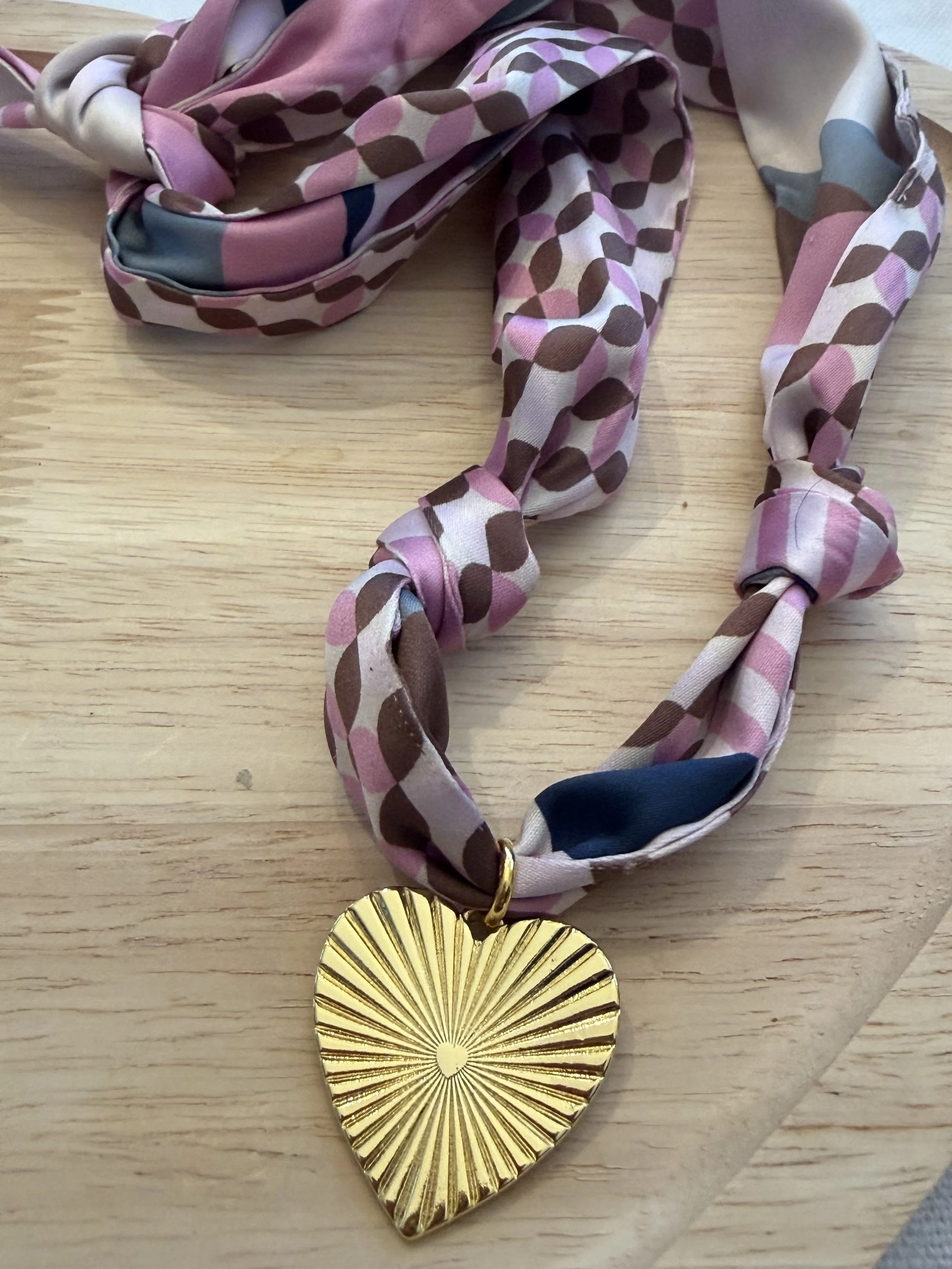 Gold Heart Charm on Pink Multi Silk Scarf