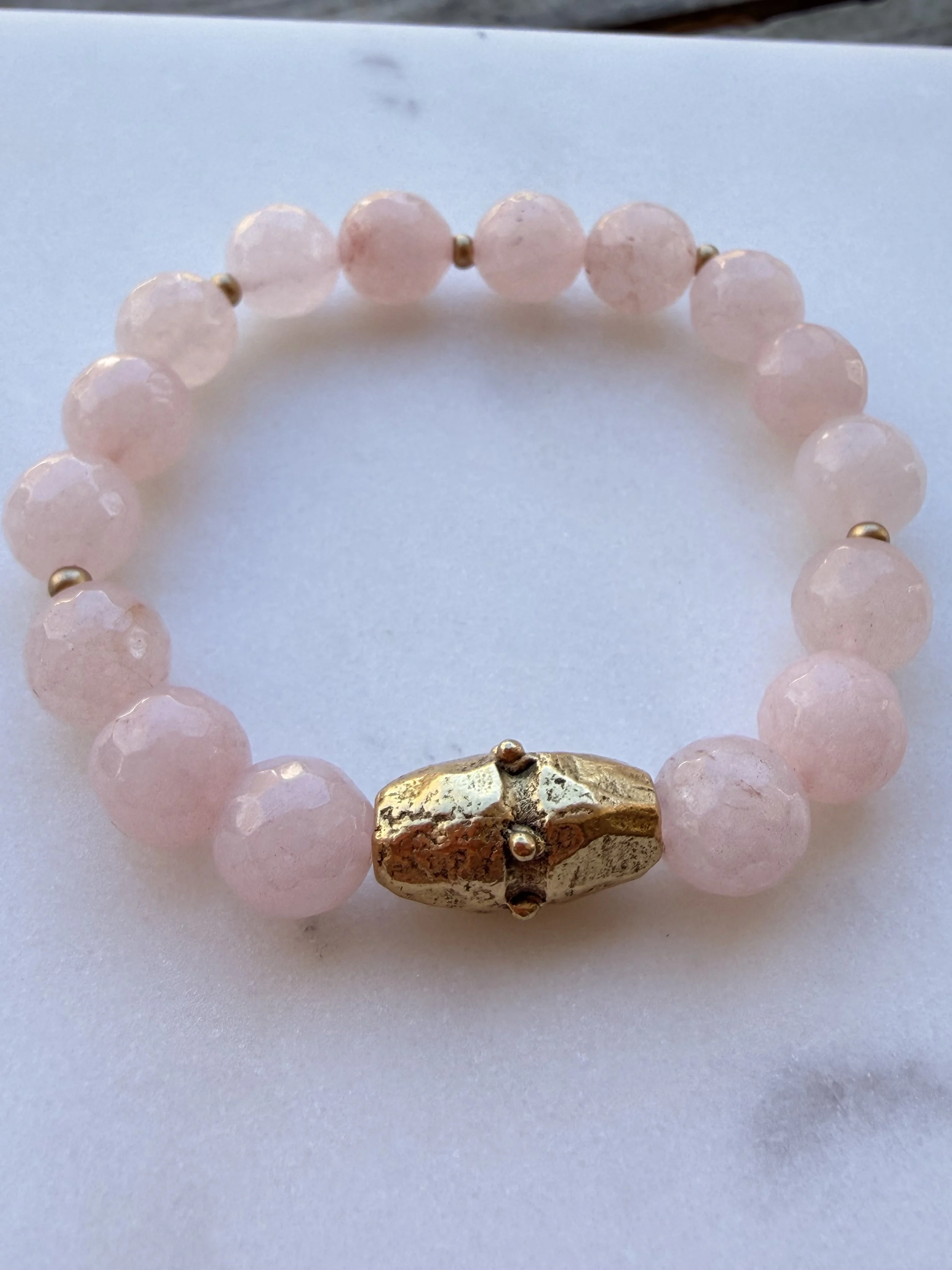 Light Pink Jade Beaded Bracelet with Gold Barrel