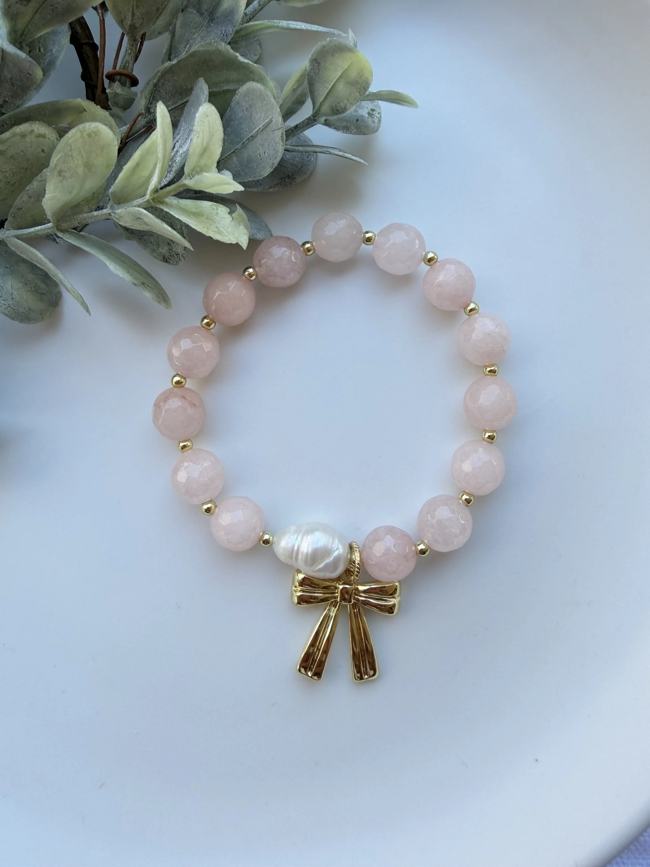 Pink Jade Beaded Bracelet with Gold Bow Charm