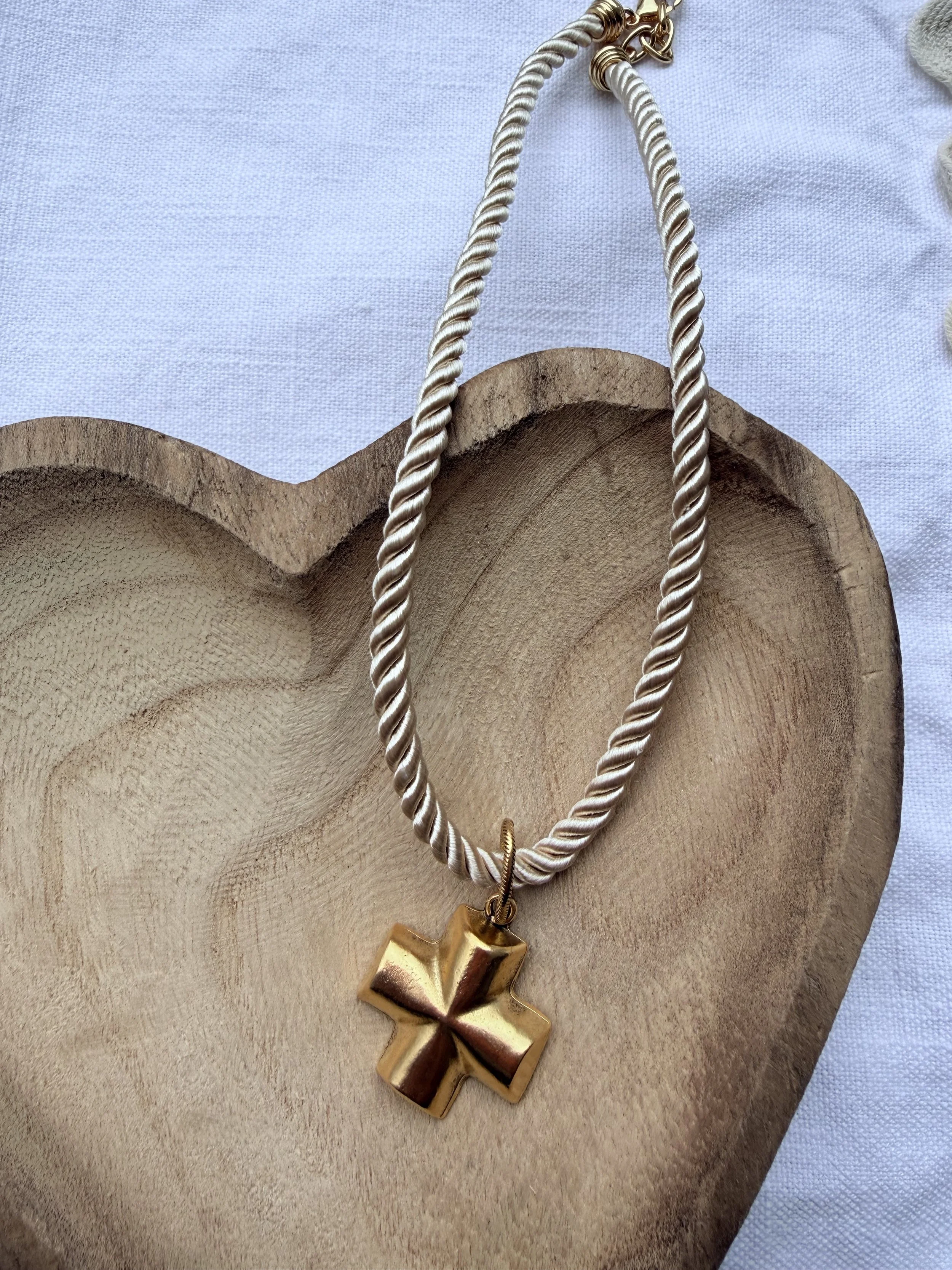 Ivory Silk Cord Necklace with Chunky Cross Charm