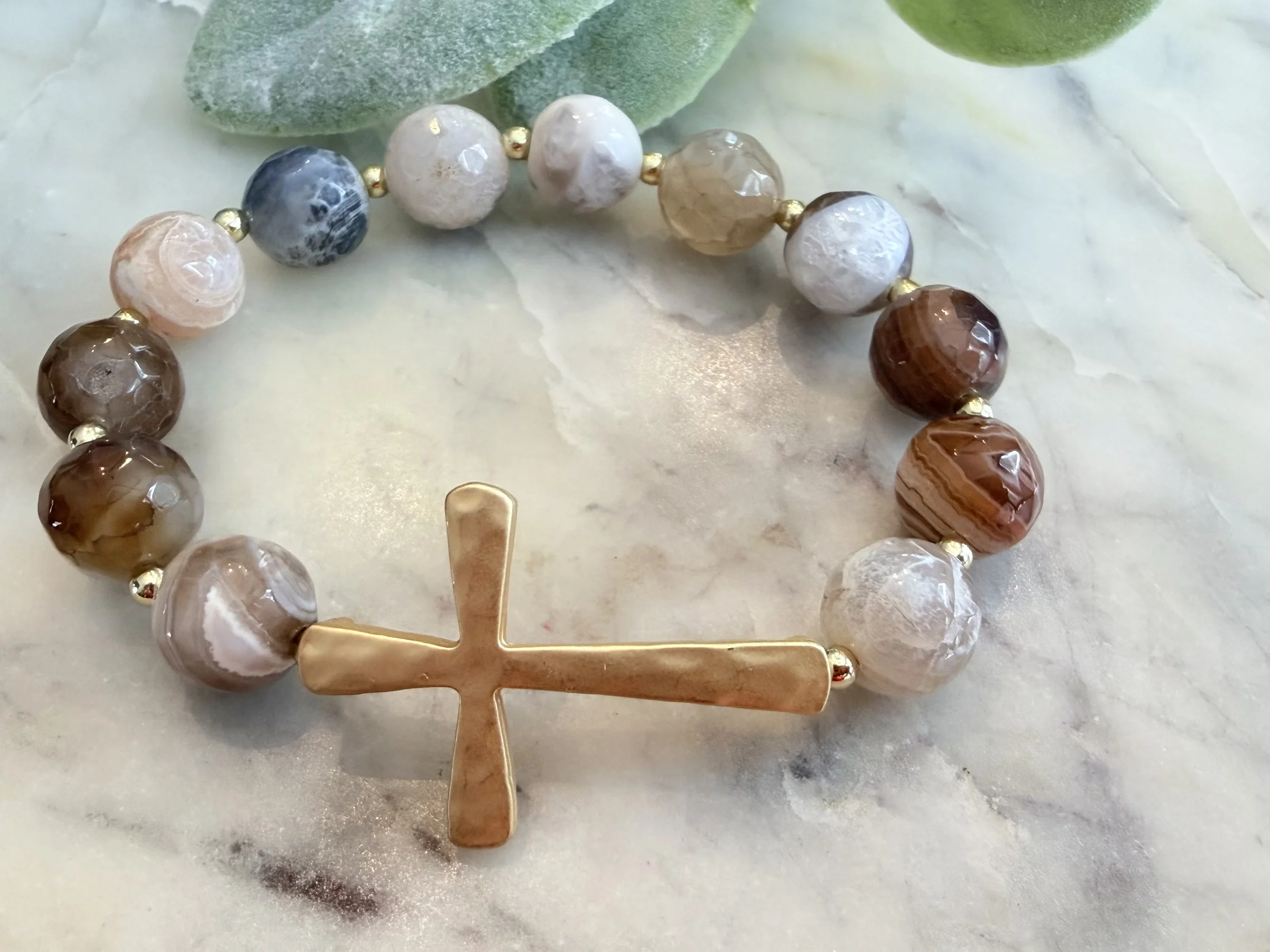 Small Gold Cross Bracelet with Mixed Neutral Agate Beads