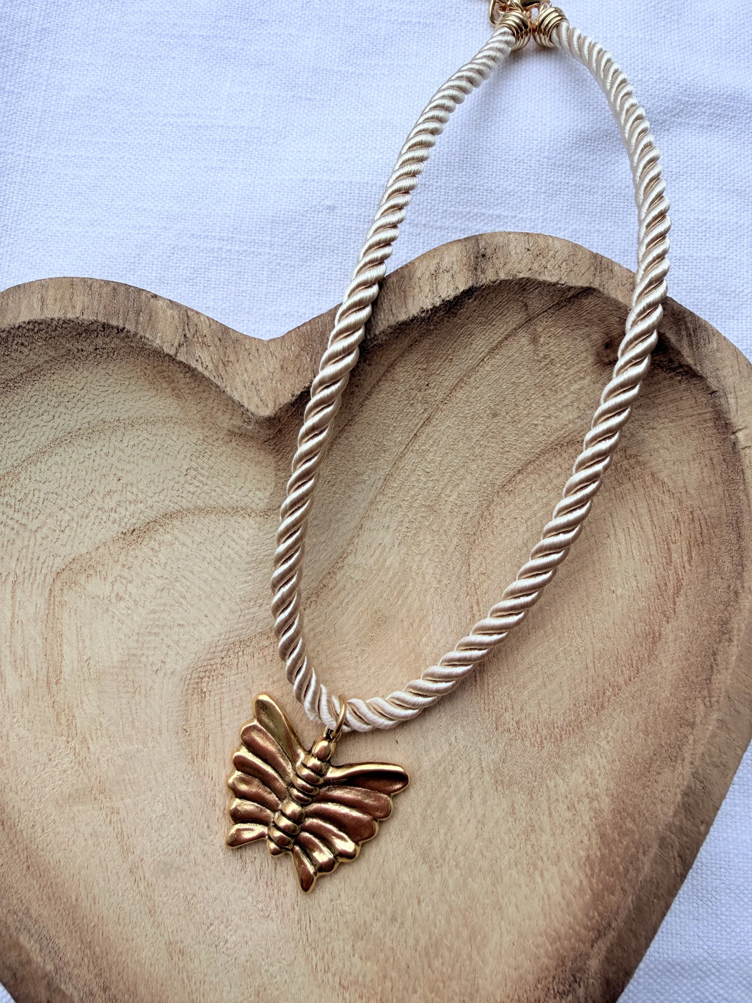 Ivory Silk Cord Necklace with Butterfly Charm