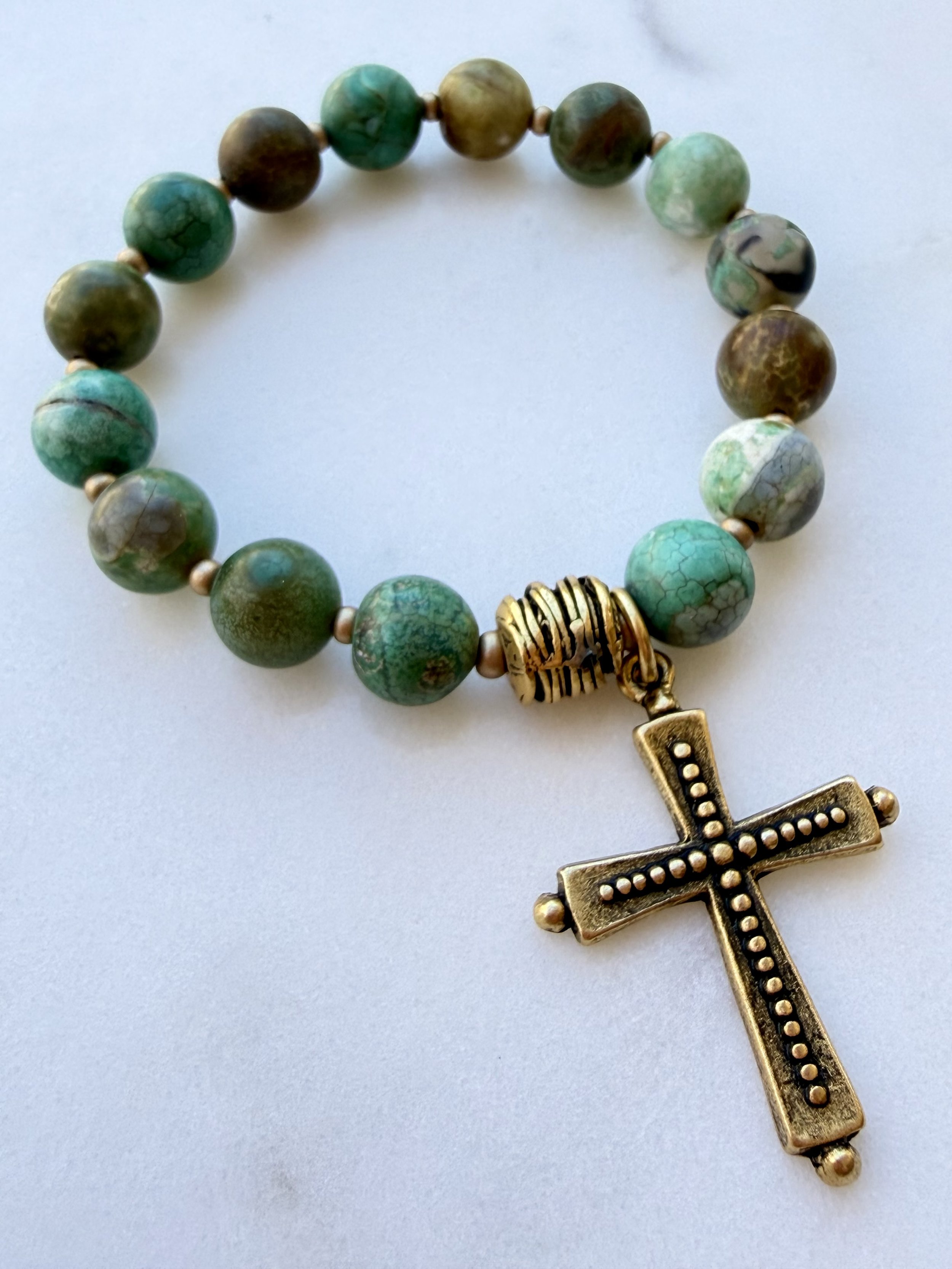 Mixed Green Beaded Bracelet with Gold Cross