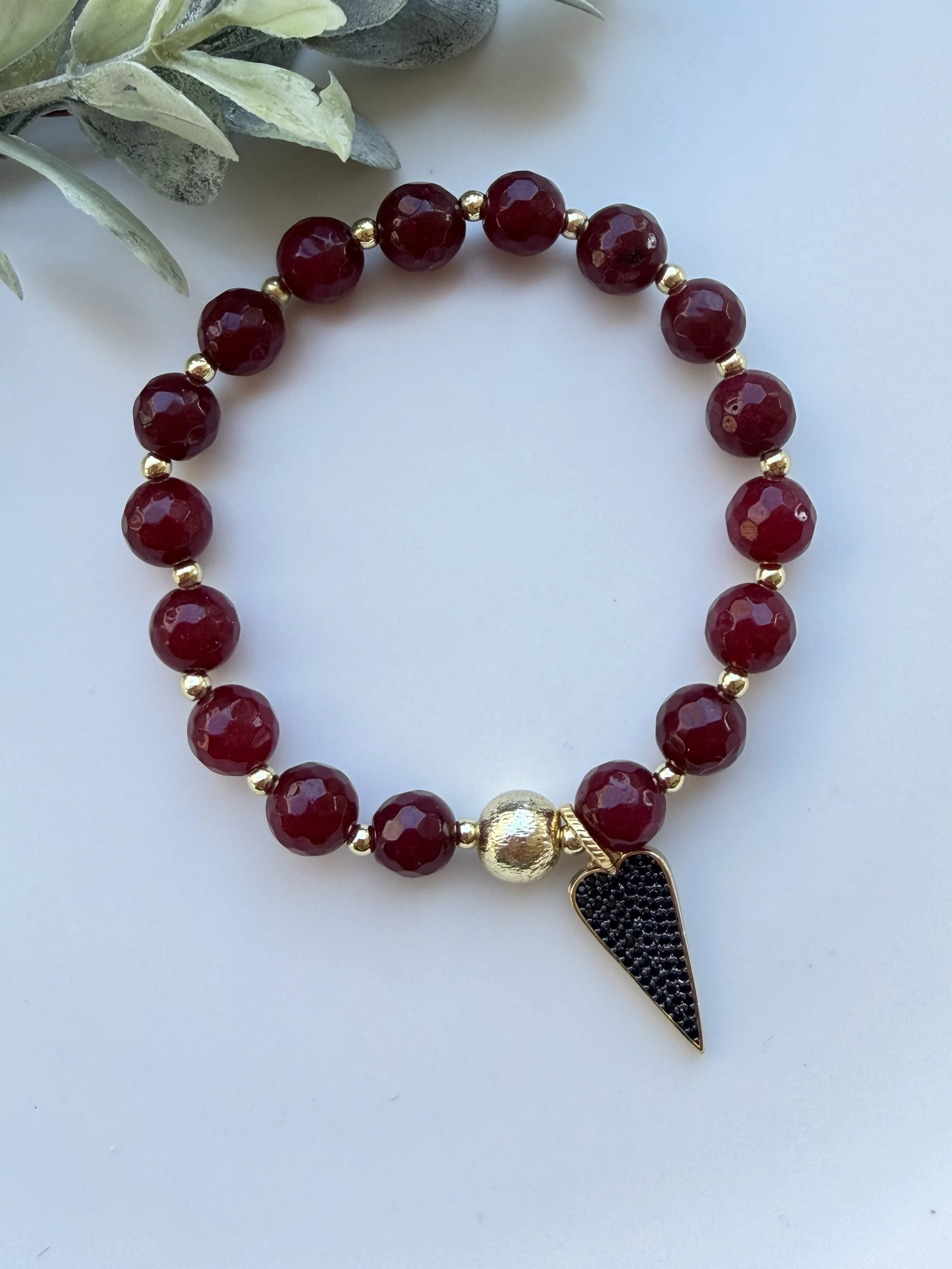 Cranberry Red Faceted Beaded Bracelet with Black CZ Heart Charm