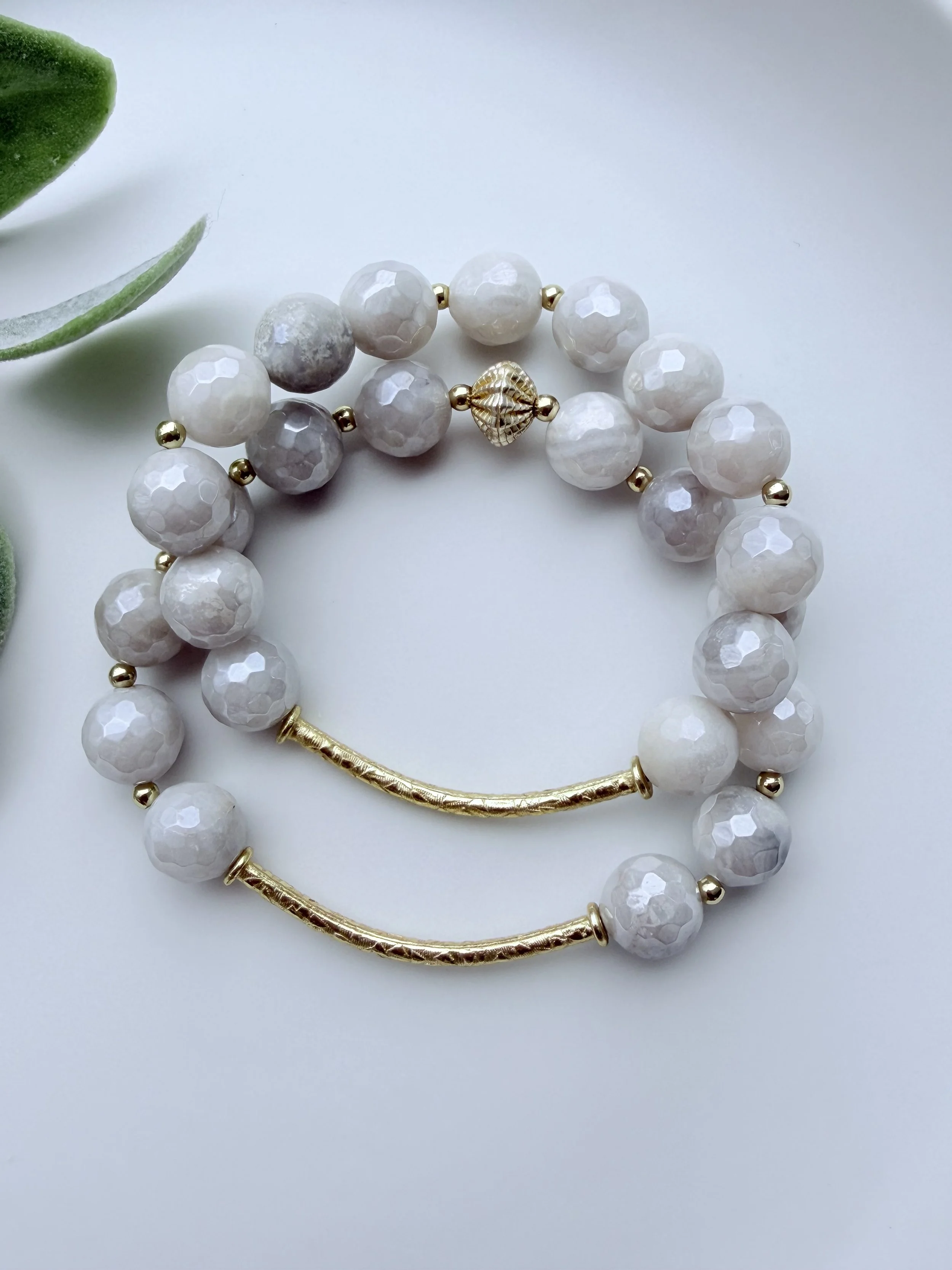White Lace Agate Beaded Bracelet with Gold Accents