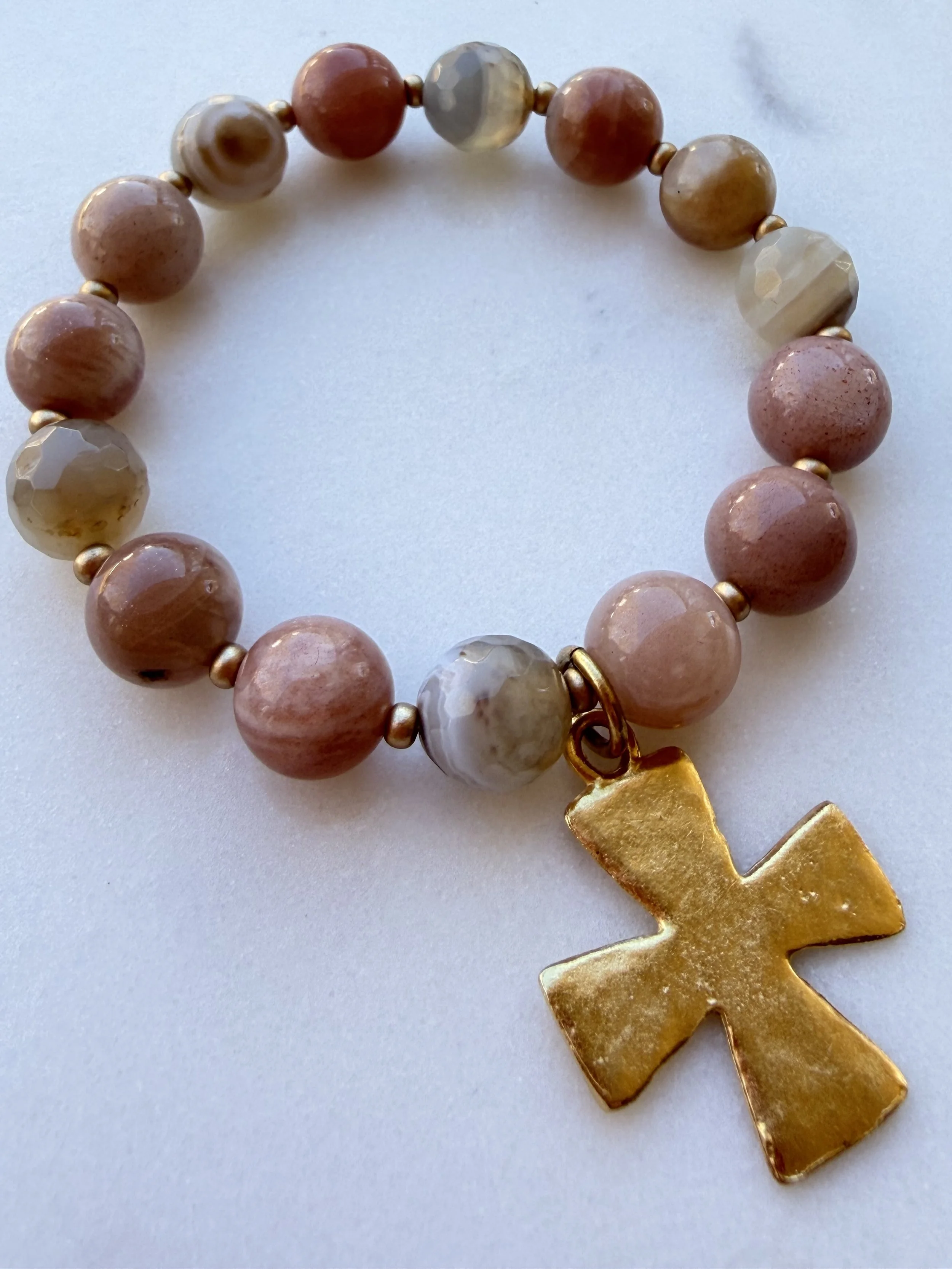 Natural Sunstone Beaded Bracelet with Gold Cross