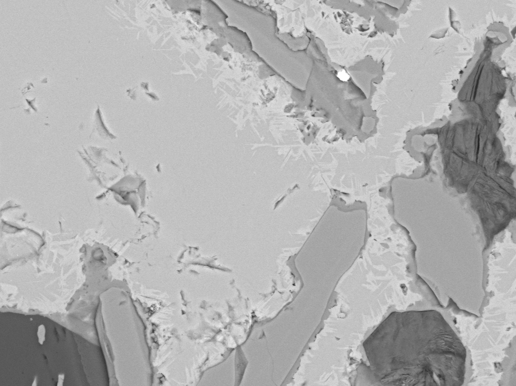 Close-up SEM backscattered image of Cu,Fe,S,Si minerals