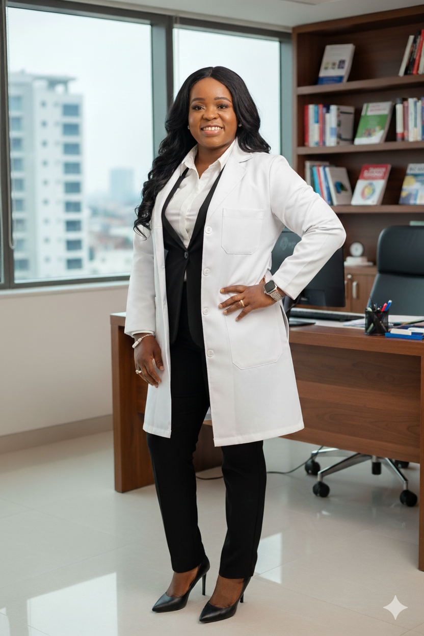 A professional woman in a white lab coat standing in an office with a cityscape view outside the window.