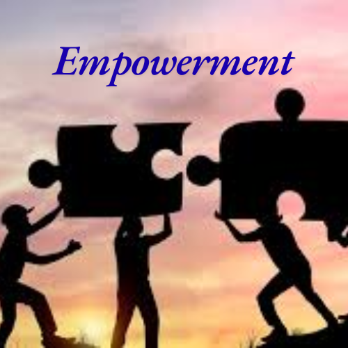 Silhouettes of people holding large puzzle pieces against a sunset background with the word 'Empowerment' in blue text.
