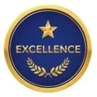 An award badge with a gold star at the top, blue background, the word "EXCELLENCE" in the center, and gold laurel leaves underneath.